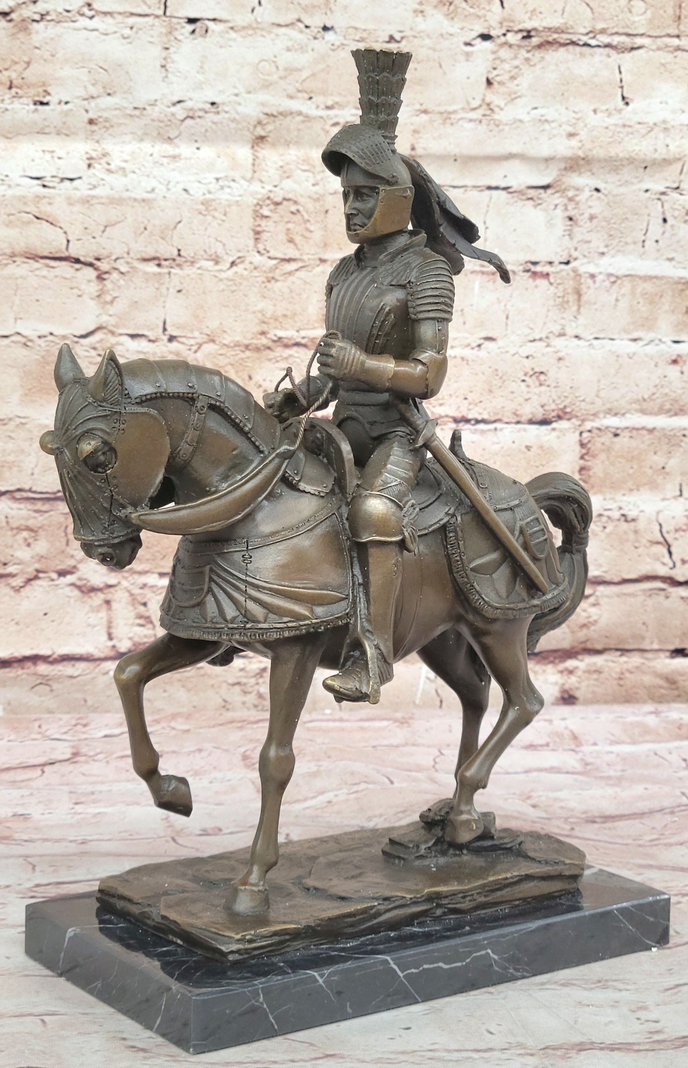 Bronze Sculpture Soldier Medieval Knight Armor Riding Horse Souvenirs Statue Art