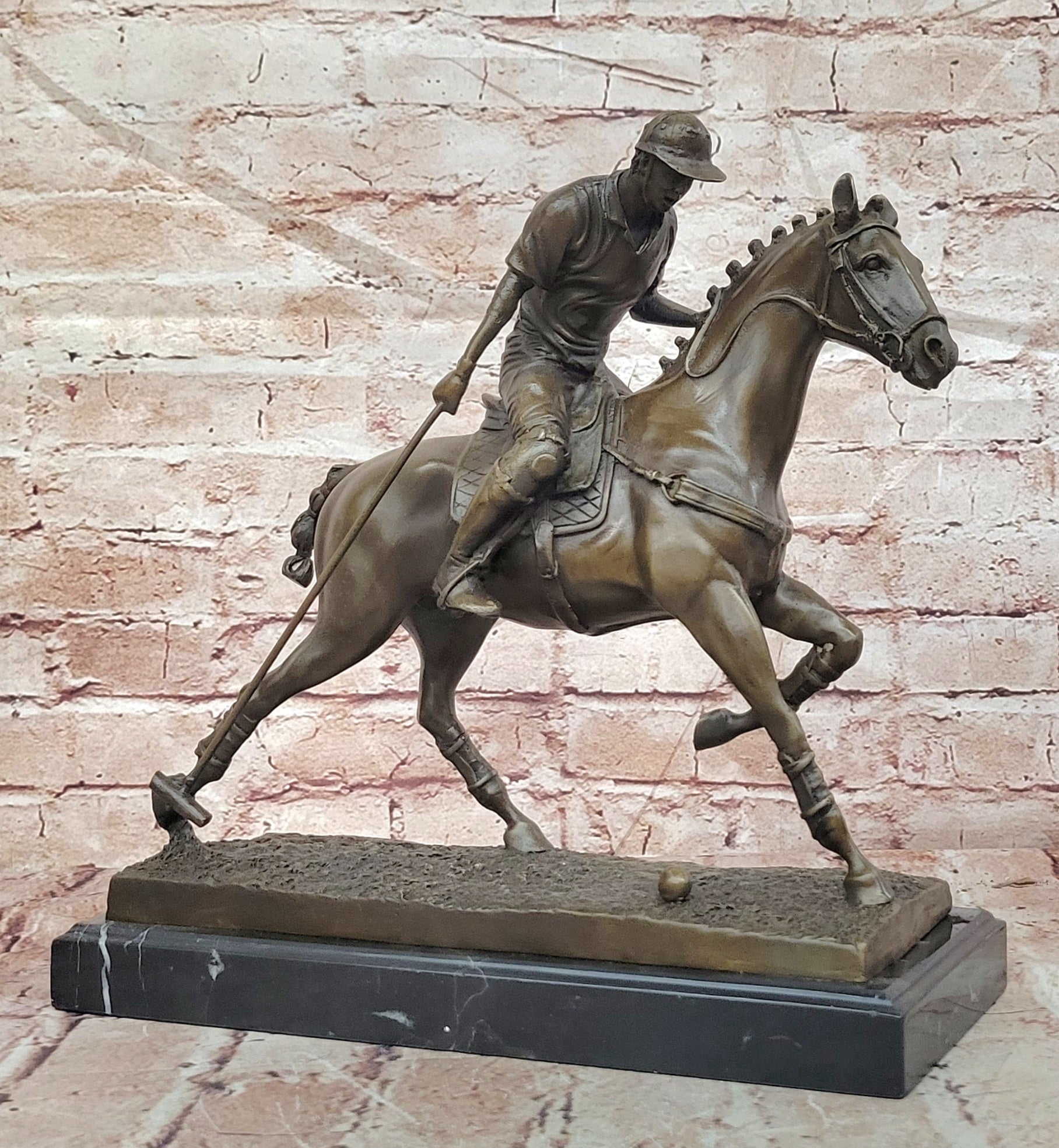 BRONZE POLO PLAYER HORSE & JOCKEY BRONZE SCULPTURE, SIGNED MILO HOT CAST FIGURE