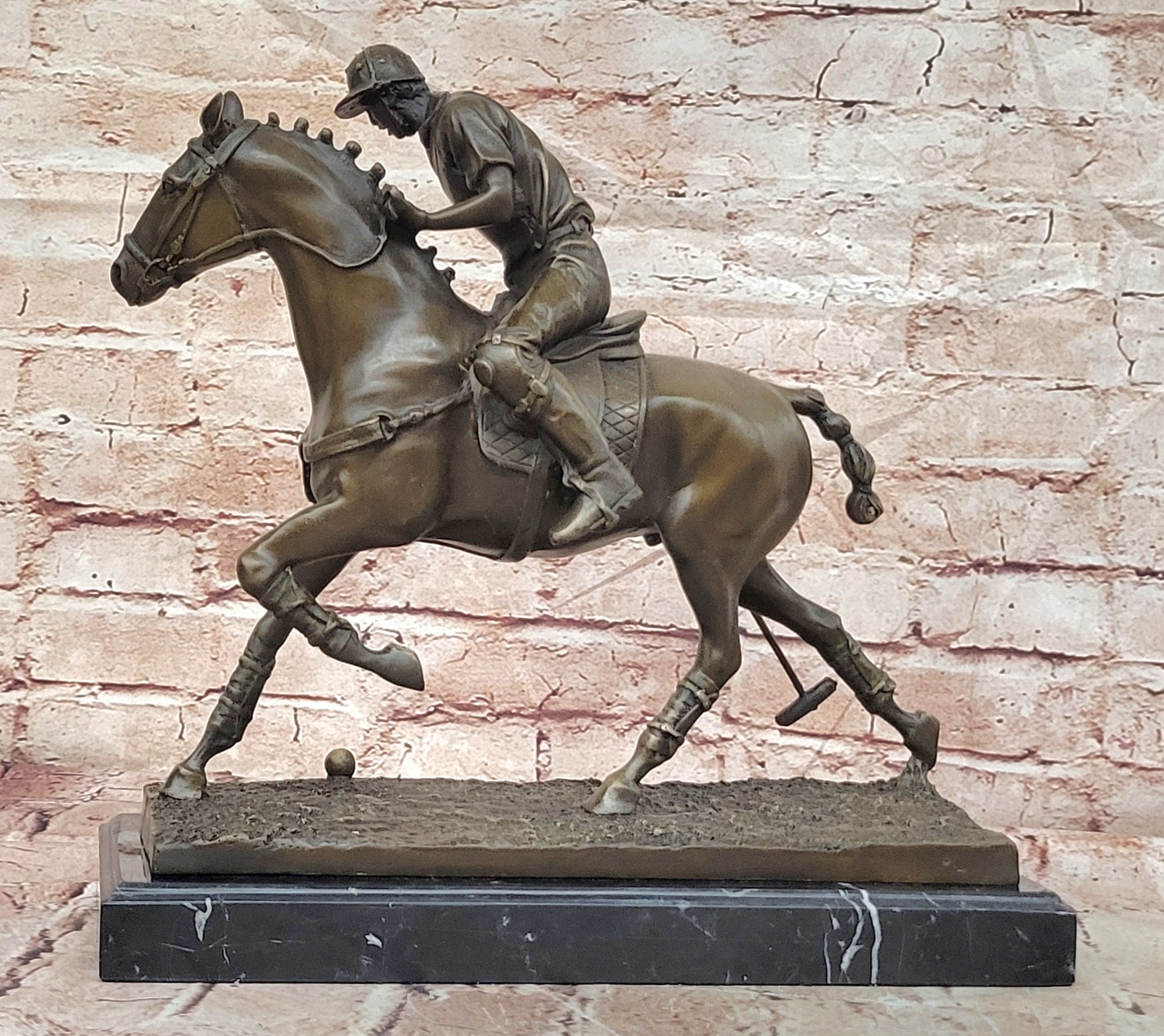 BRONZE POLO PLAYER HORSE & JOCKEY BRONZE SCULPTURE, SIGNED MILO HOT CAST FIGURE