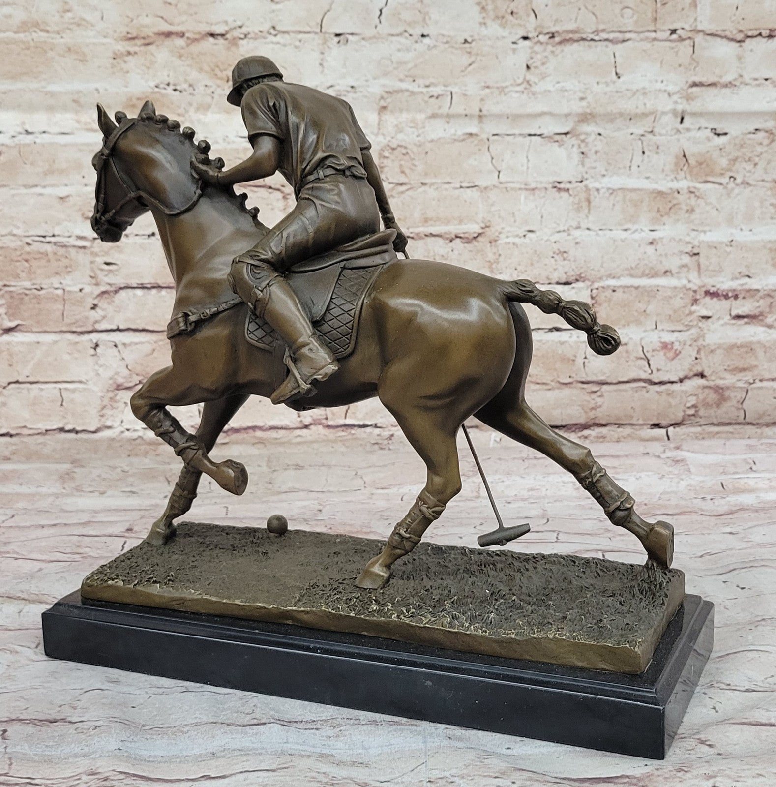 BRONZE POLO PLAYER HORSE & JOCKEY BRONZE SCULPTURE, SIGNED MILO HOT CAST FIGURE