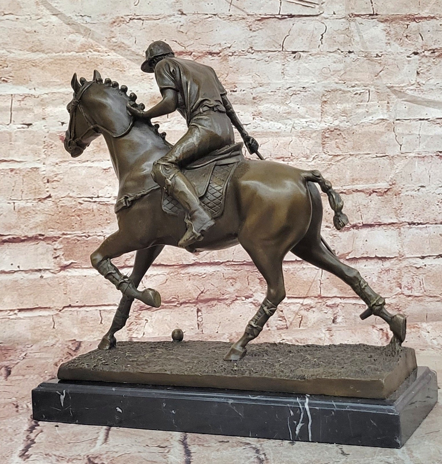 BRONZE POLO PLAYER HORSE & JOCKEY BRONZE SCULPTURE, SIGNED MILO HOT CAST FIGURE
