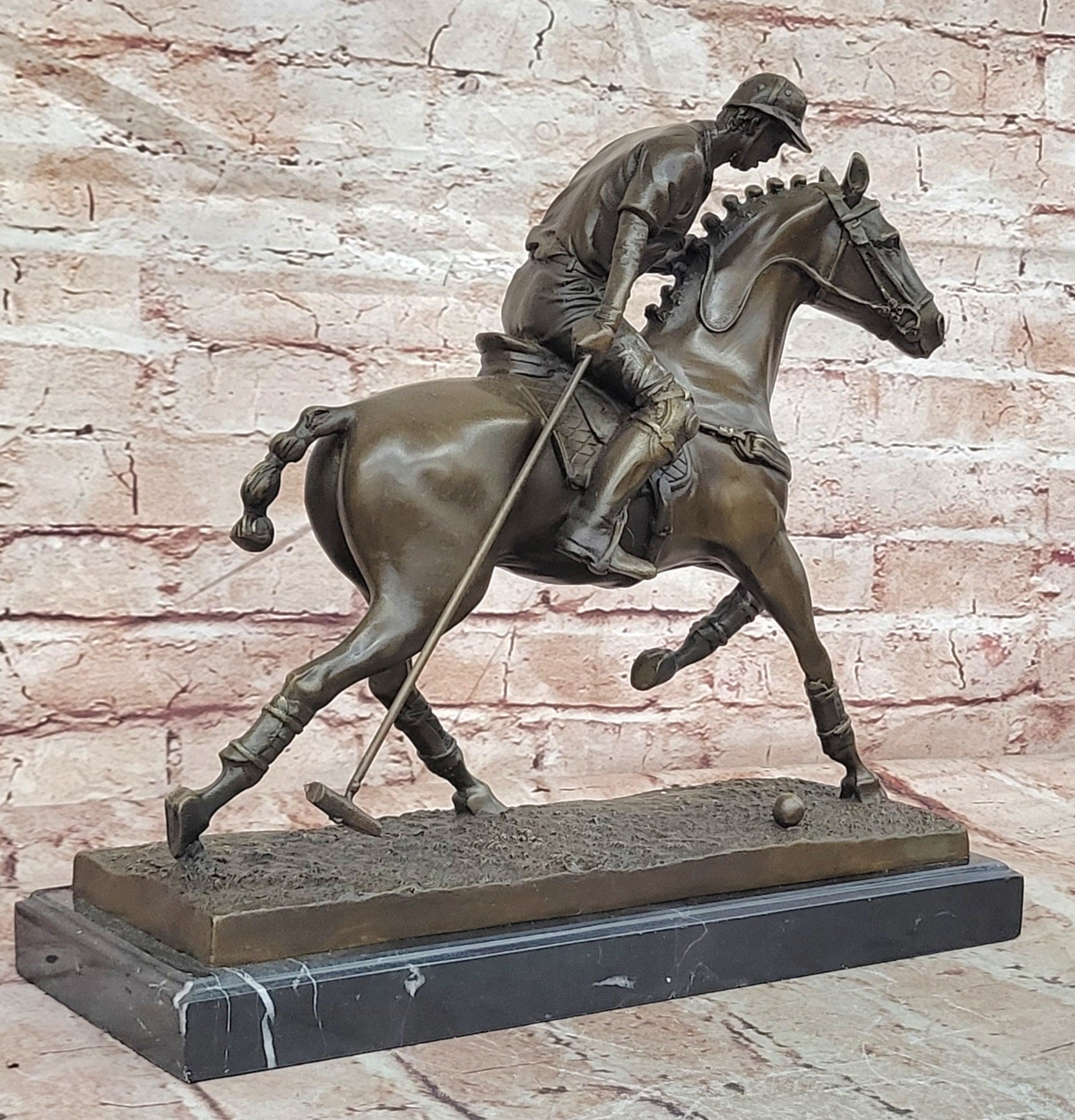 BRONZE POLO PLAYER HORSE & JOCKEY BRONZE SCULPTURE, SIGNED MILO HOT CAST FIGURE