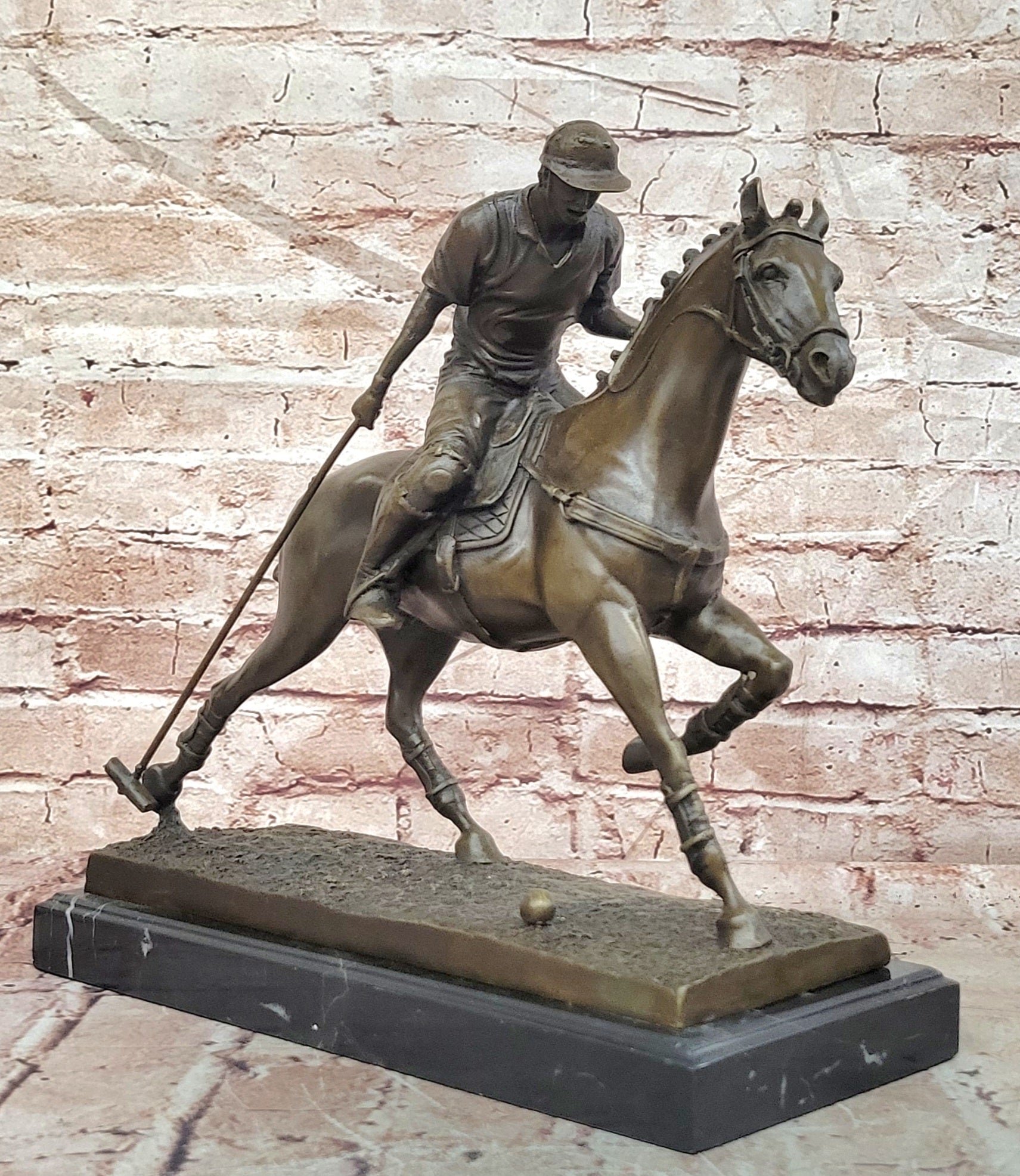 BRONZE POLO PLAYER HORSE & JOCKEY BRONZE SCULPTURE, SIGNED MILO HOT CAST FIGURE