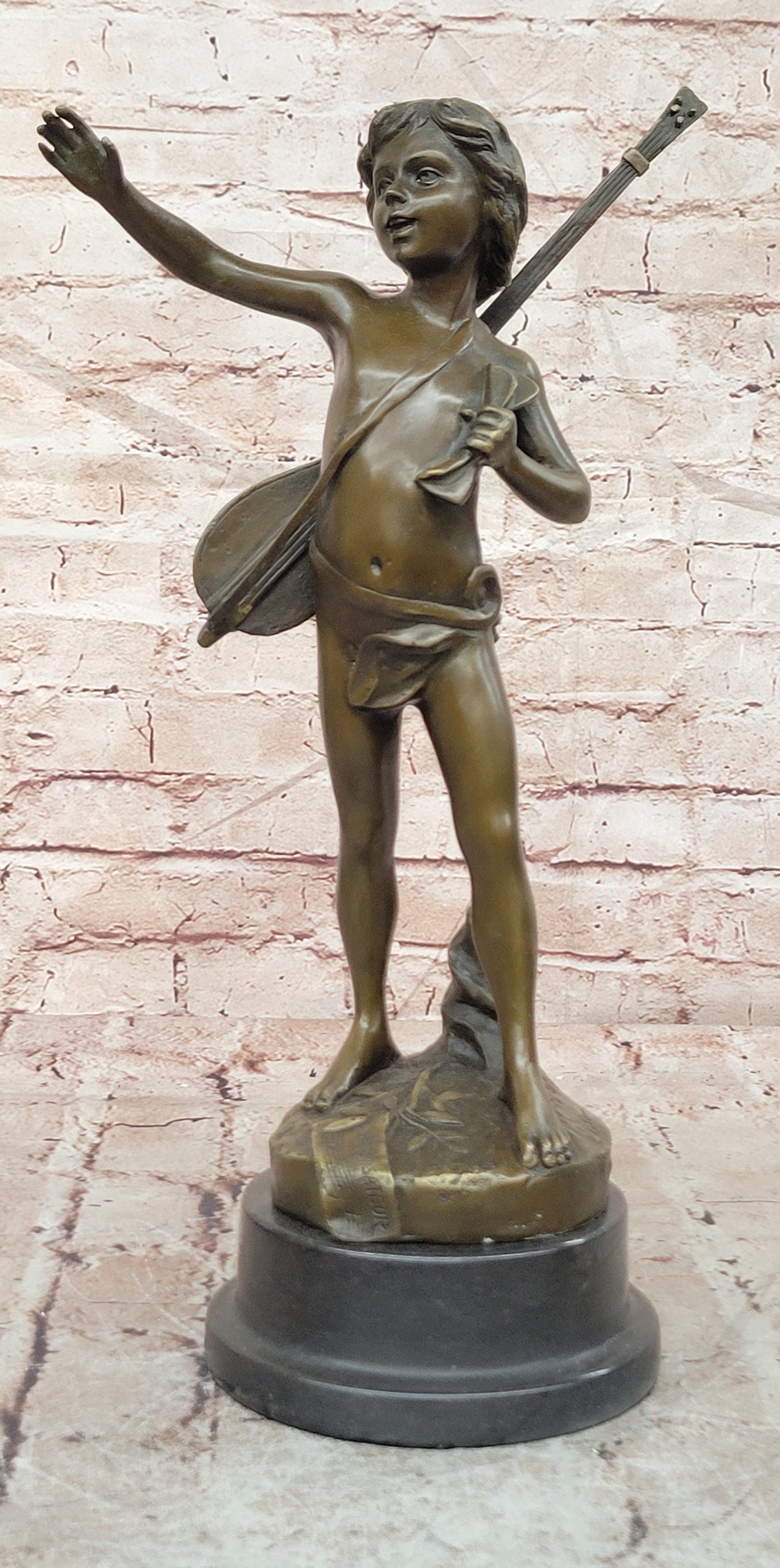 Handmade Bronze Statue by Moreau: Young Boy with Lute Banjo, Museum Quality