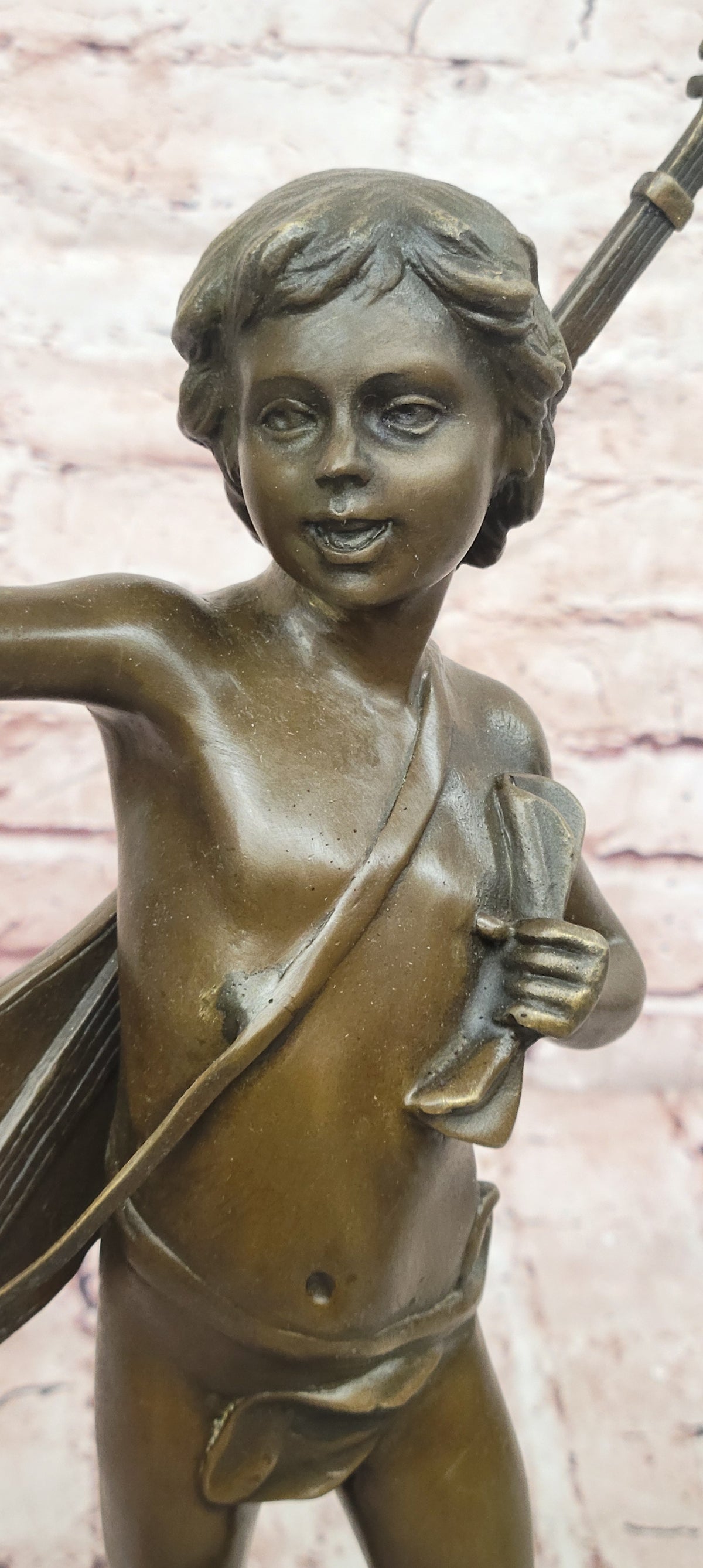 Handmade Bronze Statue by Moreau: Young Boy with Lute Banjo, Museum Quality