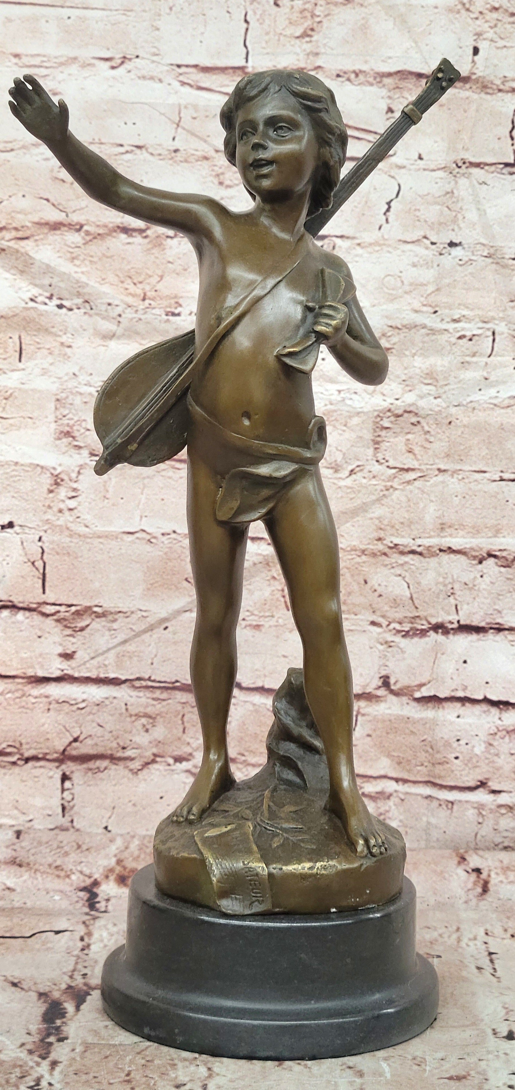 Handmade Bronze Statue by Moreau: Young Boy with Lute Banjo, Museum Quality