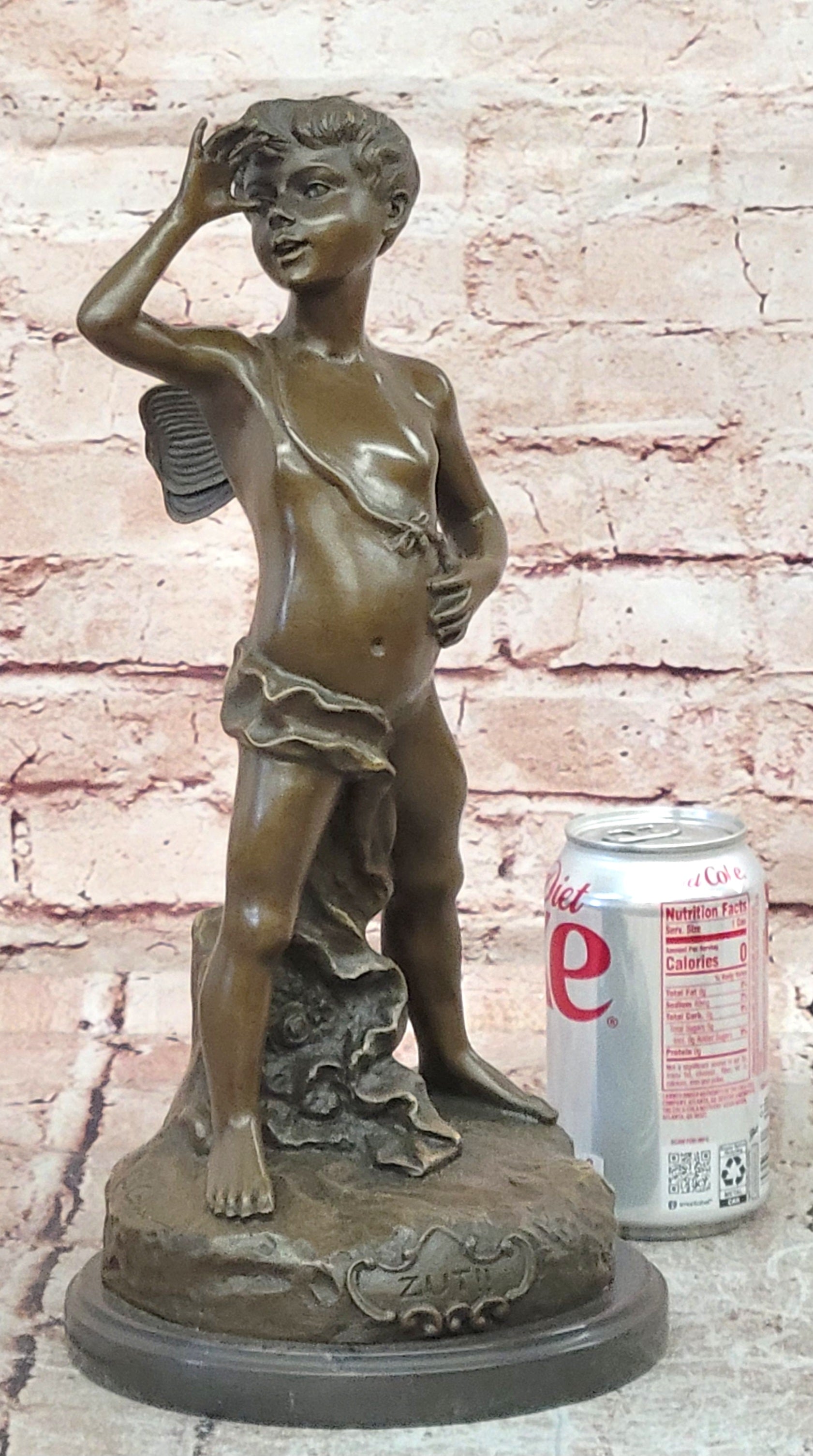 Signed Colle Bronze Boy Thumbing Nose Statue Marble Base Home Decor Art Piece