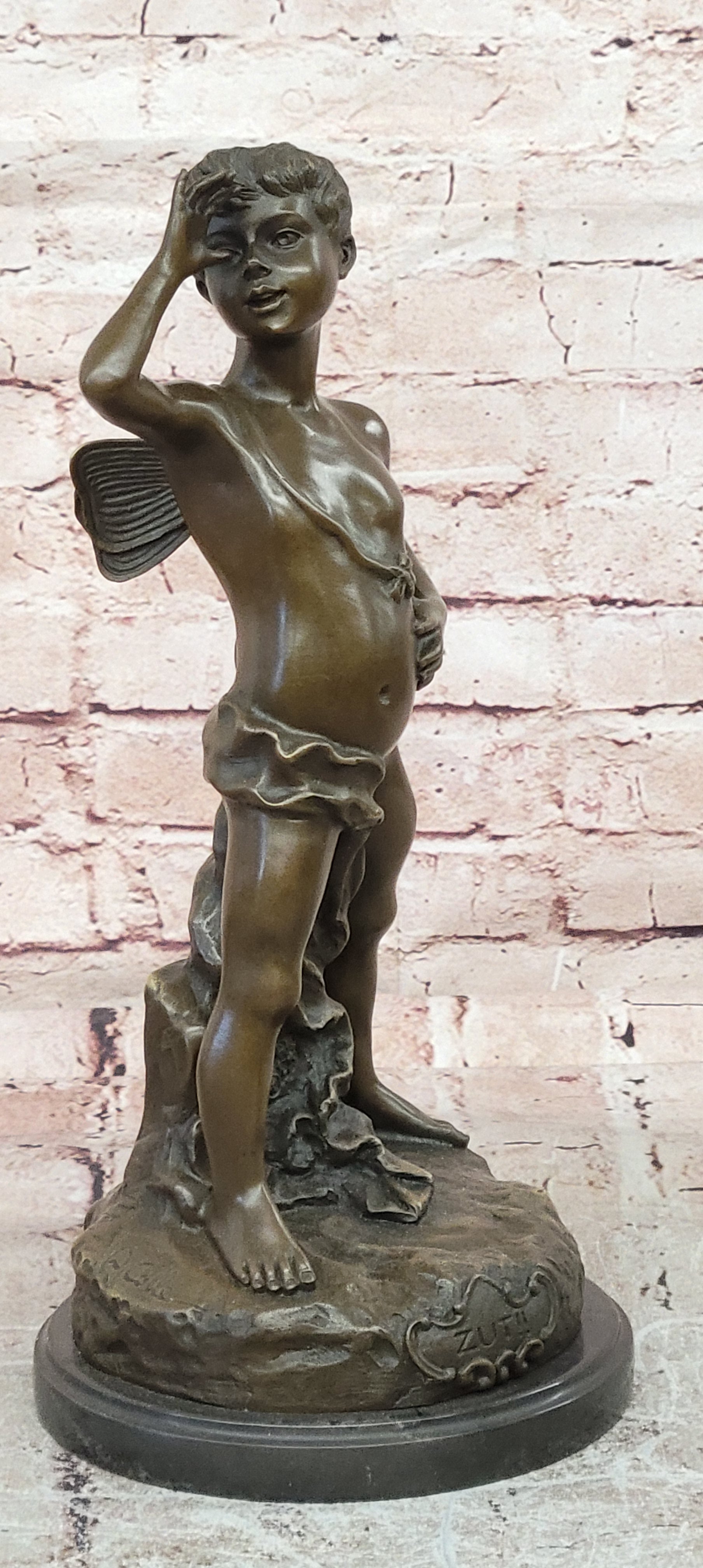 Signed Colle Bronze Boy Thumbing Nose Statue Marble Base Home Decor Art Piece