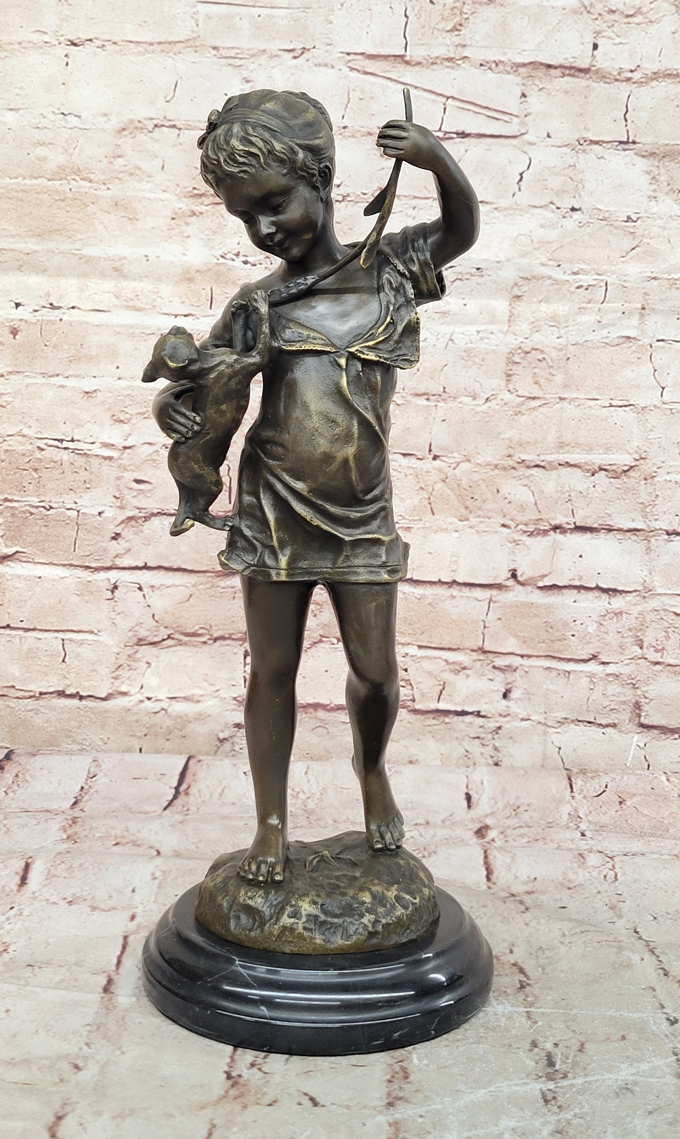 Art Deco Hot Cast Vienna Bronze Toddler and her Playful Cat Bronze Figurine
