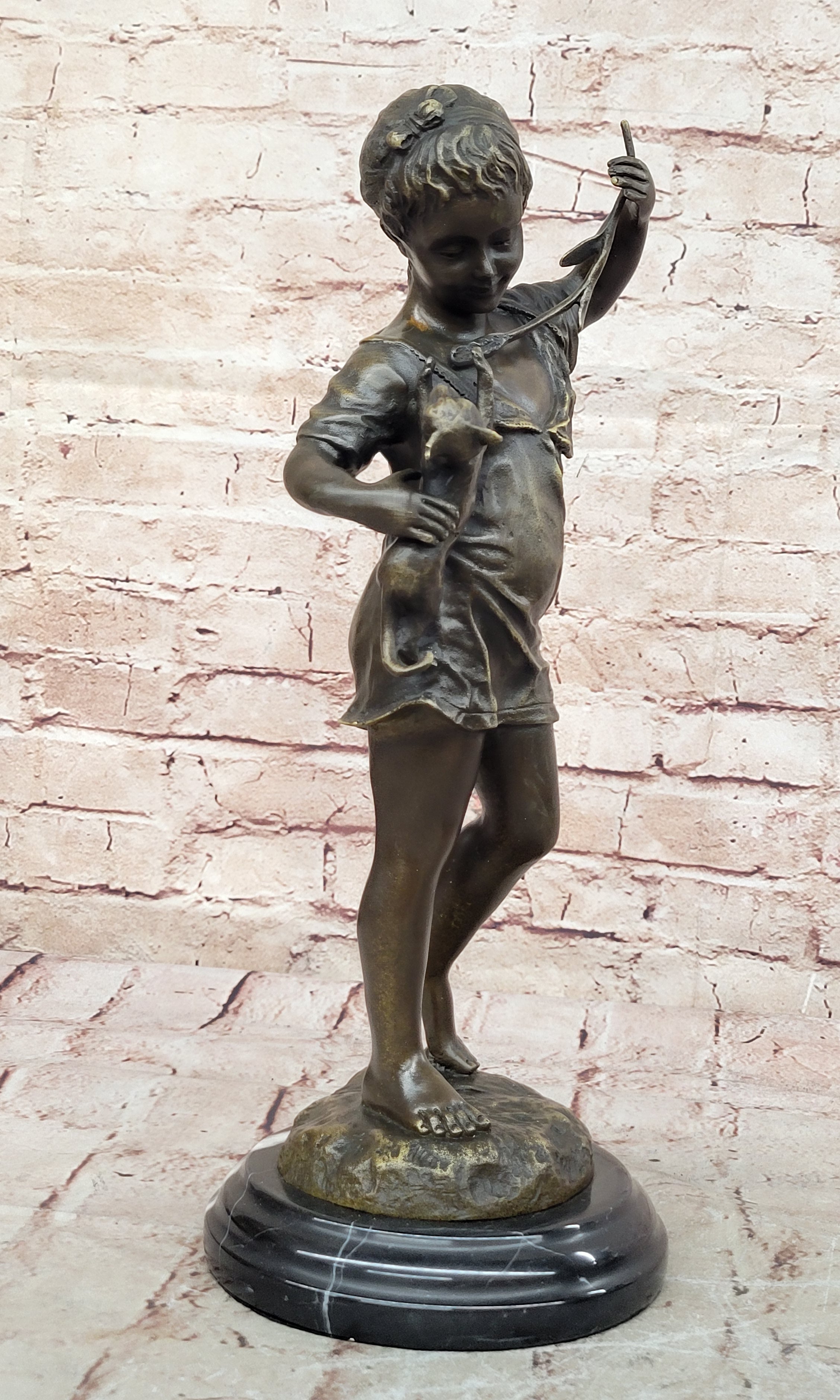 Art Deco Hot Cast Vienna Bronze Toddler and her Playful Cat Bronze Figurine