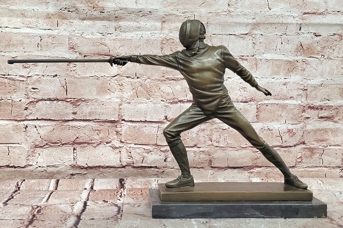 Antique Style Bronze Fencer Figurine Signed Milo Sports Art Sculpture