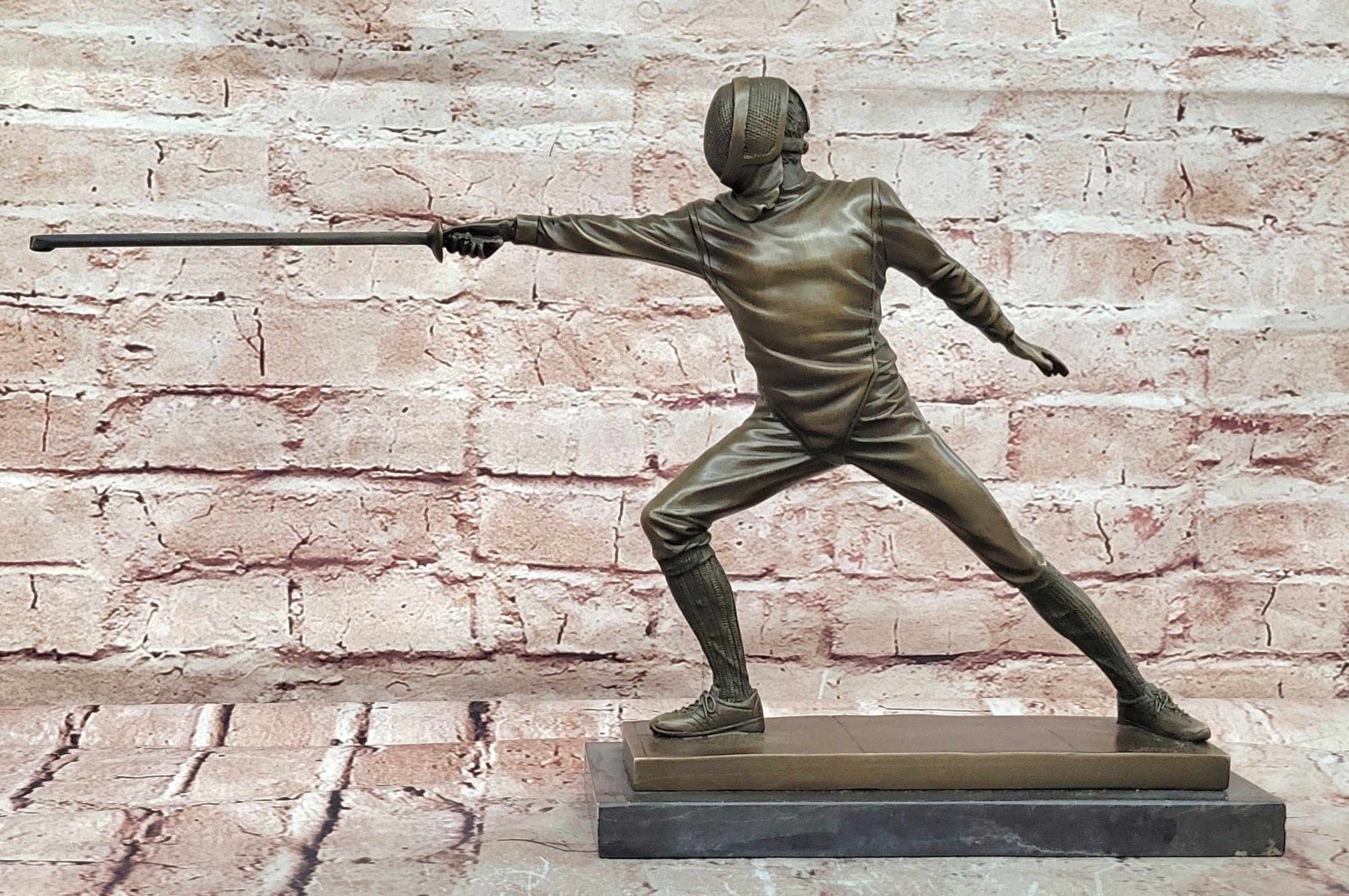 Antique Style Bronze Fencer Figurine Signed Milo Sports Art Sculpture