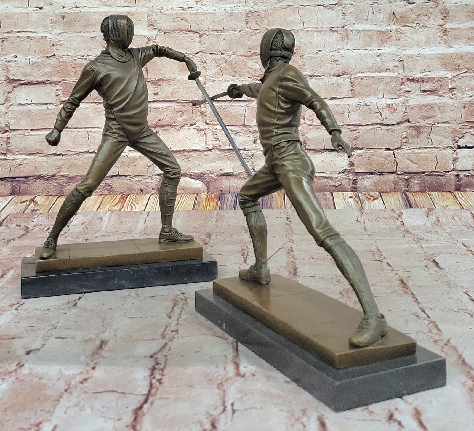 French Art Deco bronze sculpture of two male Detailed Fencer by Miguel Lopez Art