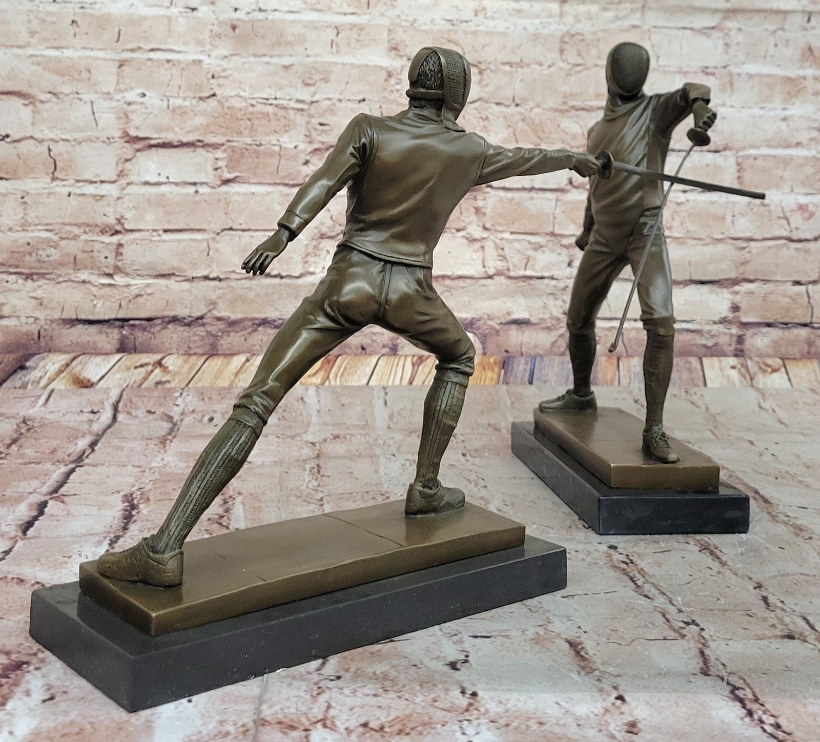 French Art Deco bronze sculpture of two male Detailed Fencer by Miguel Lopez Art