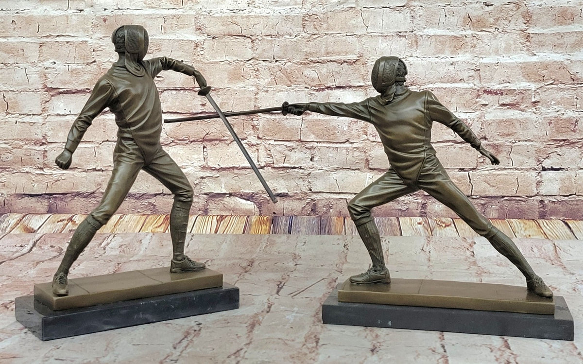 French Art Deco bronze sculpture of two male Detailed Fencer by Miguel Lopez Art