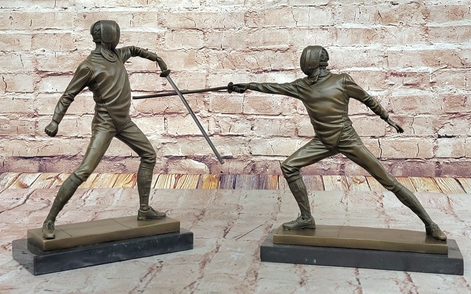 French Art Deco bronze sculpture of two male Detailed Fencer by Miguel Lopez Art