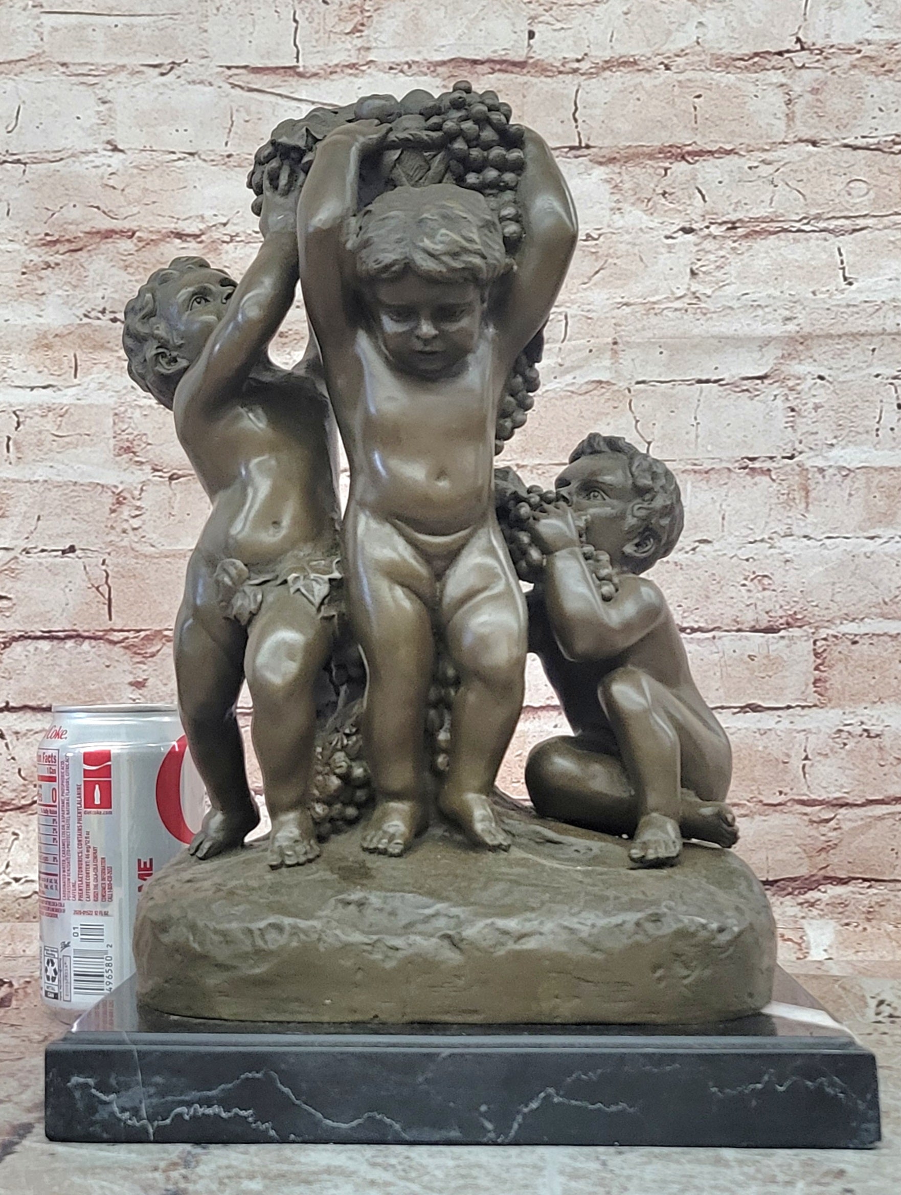 Bronze Cherub Trio with Grapes Sculpture Signed J Dastee Decorative Art Statue