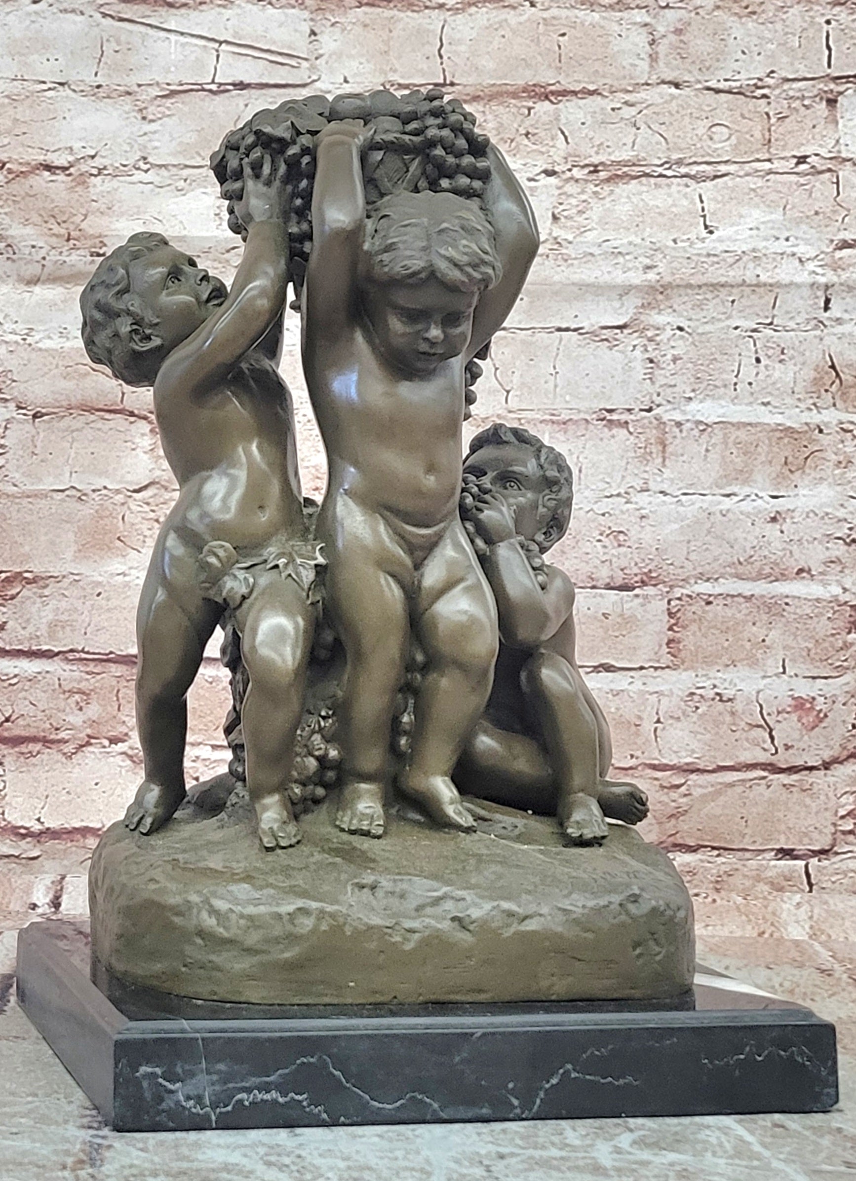 Bronze Cherub Trio with Grapes Sculpture Signed J Dastee Decorative Art Statue