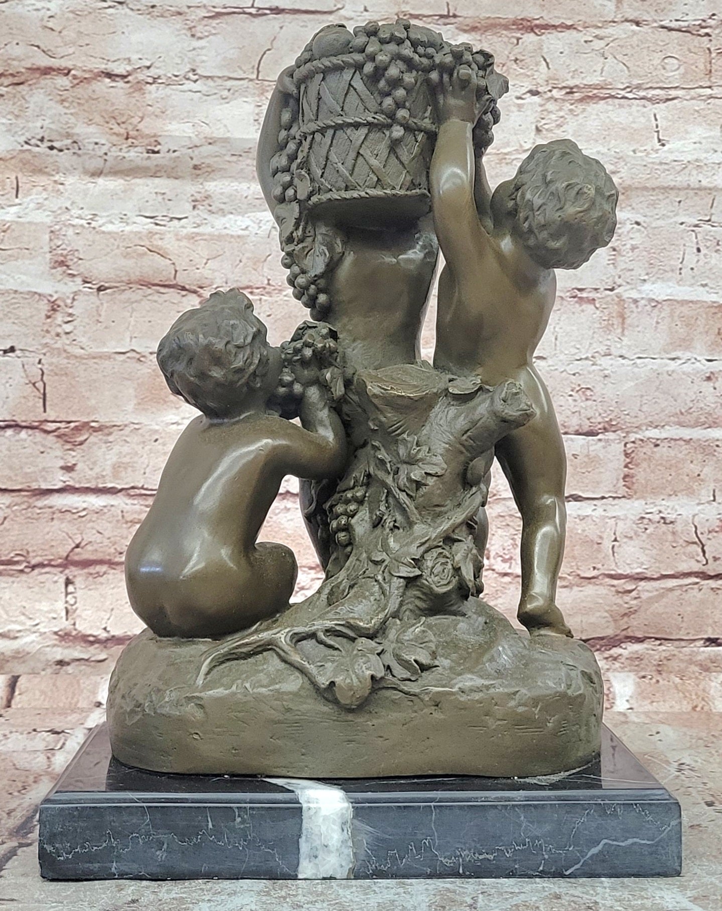 Bronze Cherub Trio with Grapes Sculpture Signed J Dastee Decorative Art Statue