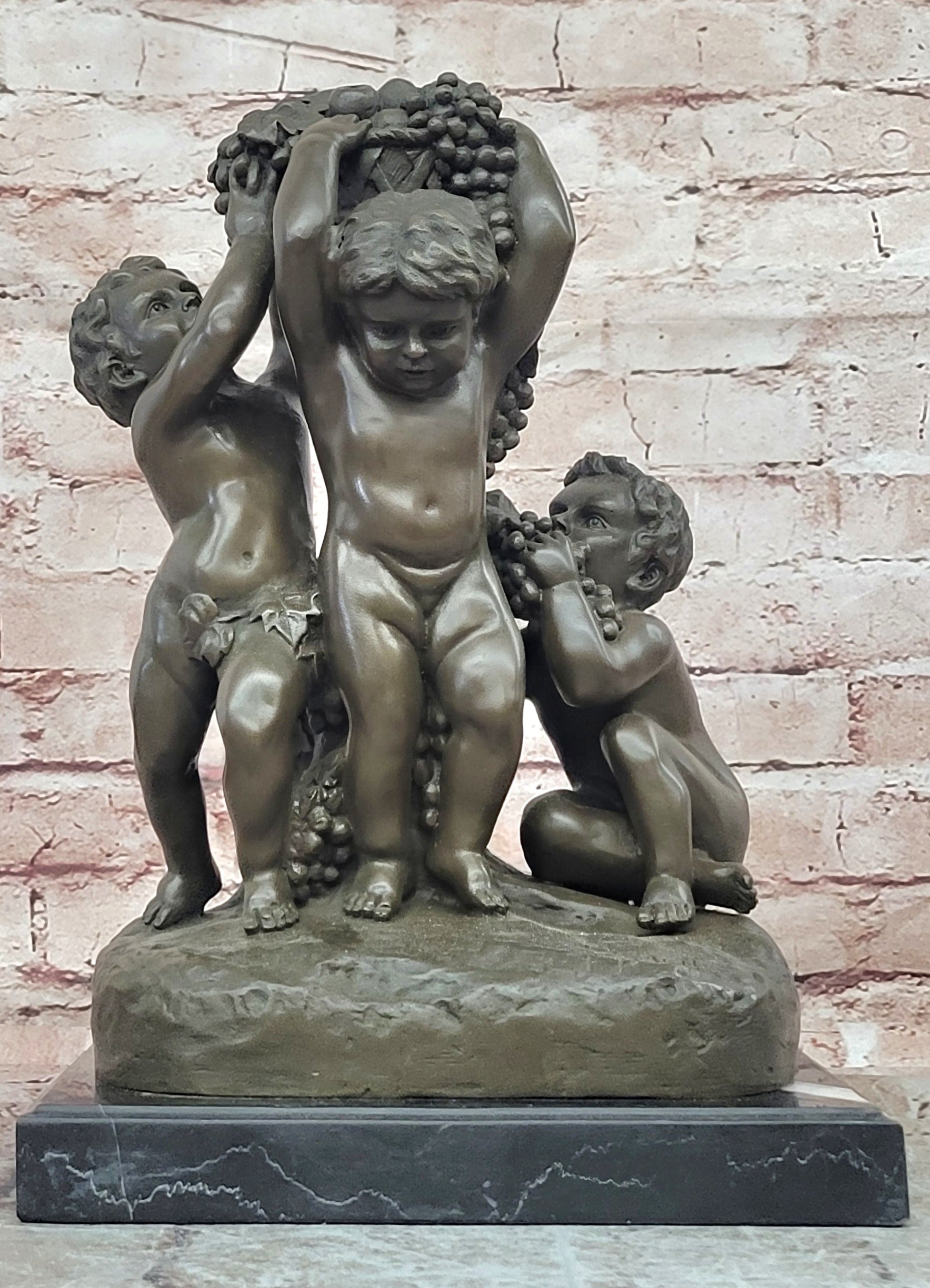 Bronze Cherub Trio with Grapes Sculpture Signed J Dastee Decorative Art Statue
