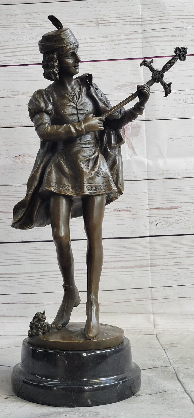 European Bronze Figure of a Minstrel by Leon Fagel, Warrior Statue with Sword
