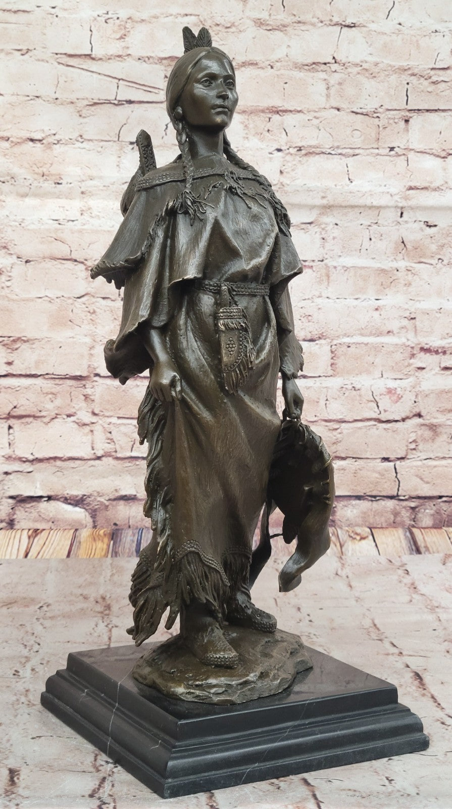 Exquisite Mario Nick Bronze Sculpture of Native American Woman with Baby in Traditional Outfit