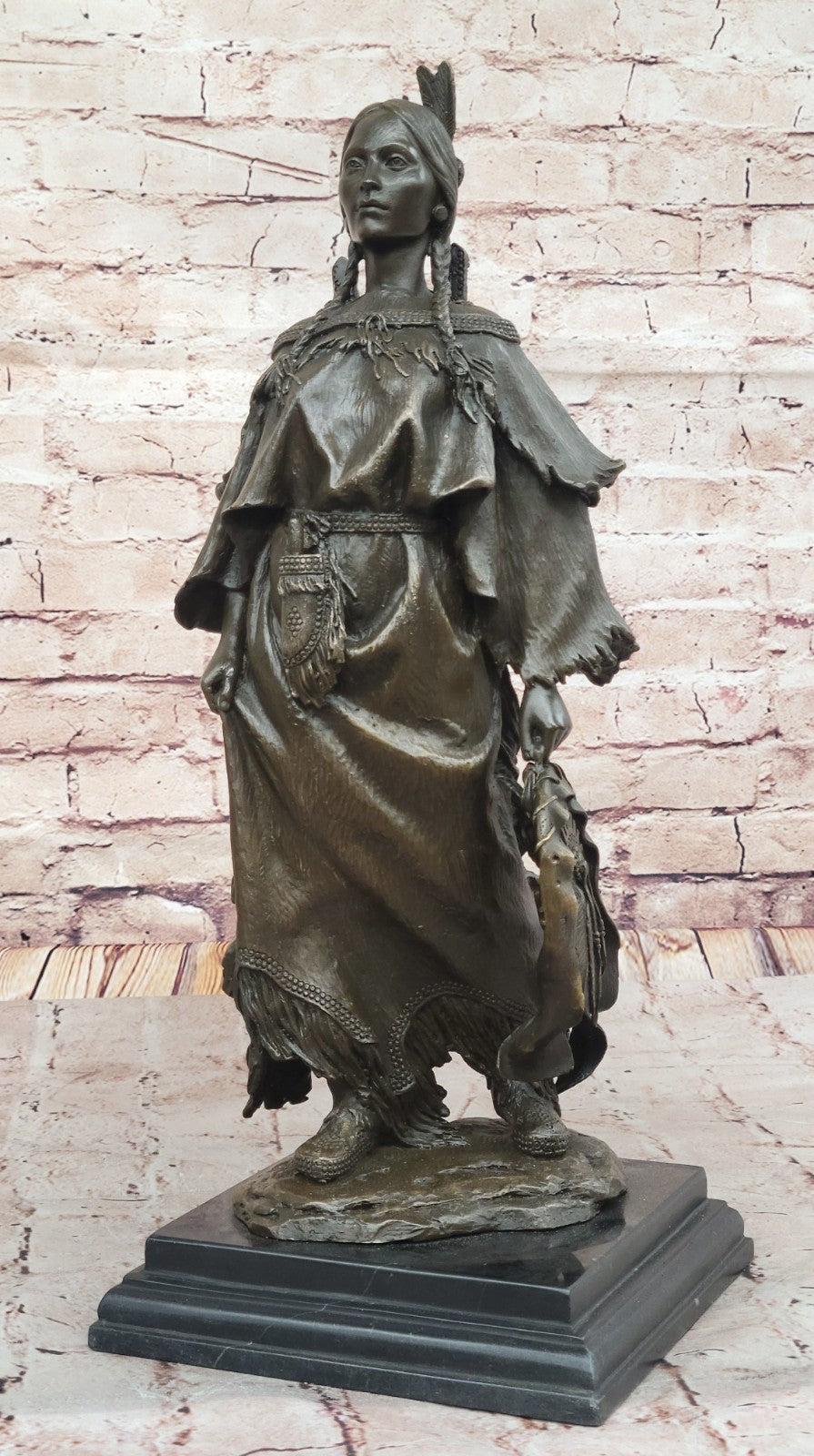 Exquisite Mario Nick Bronze Sculpture of Native American Woman with Baby in Traditional Outfit