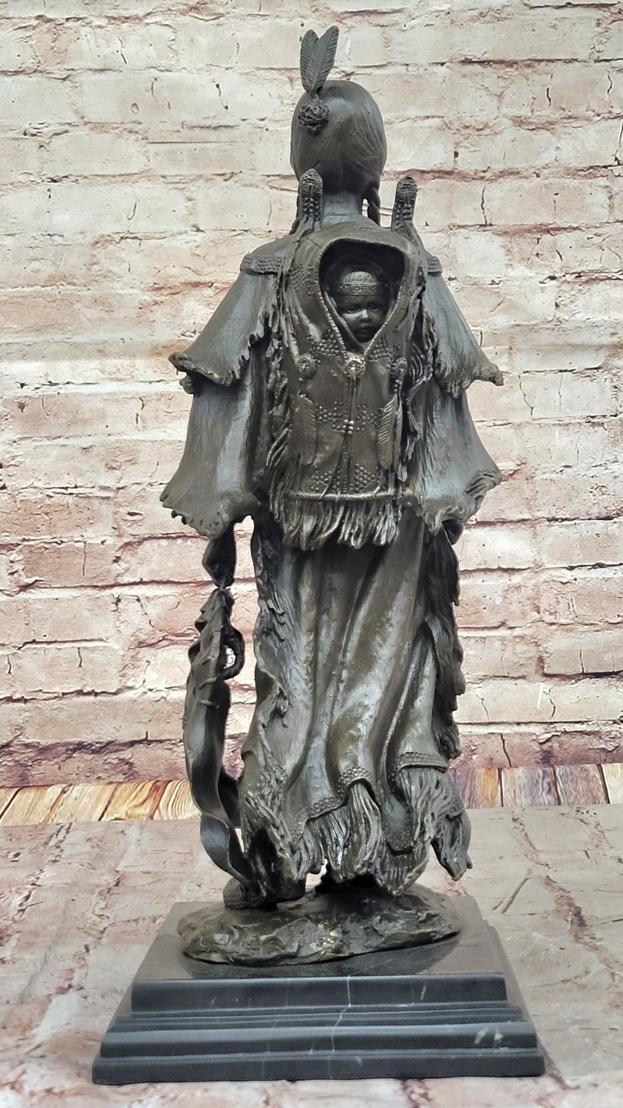 Exquisite Mario Nick Bronze Sculpture of Native American Woman with Baby in Traditional Outfit