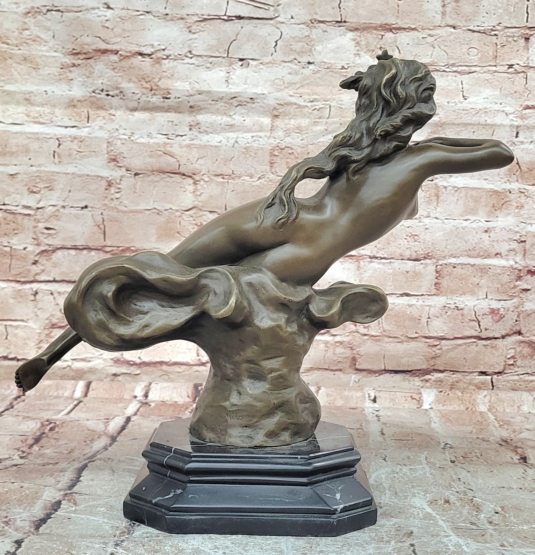 Art Nouveau Bronze Nude Woman Statue Signed Milo Marble Base Fine Art Figurine
