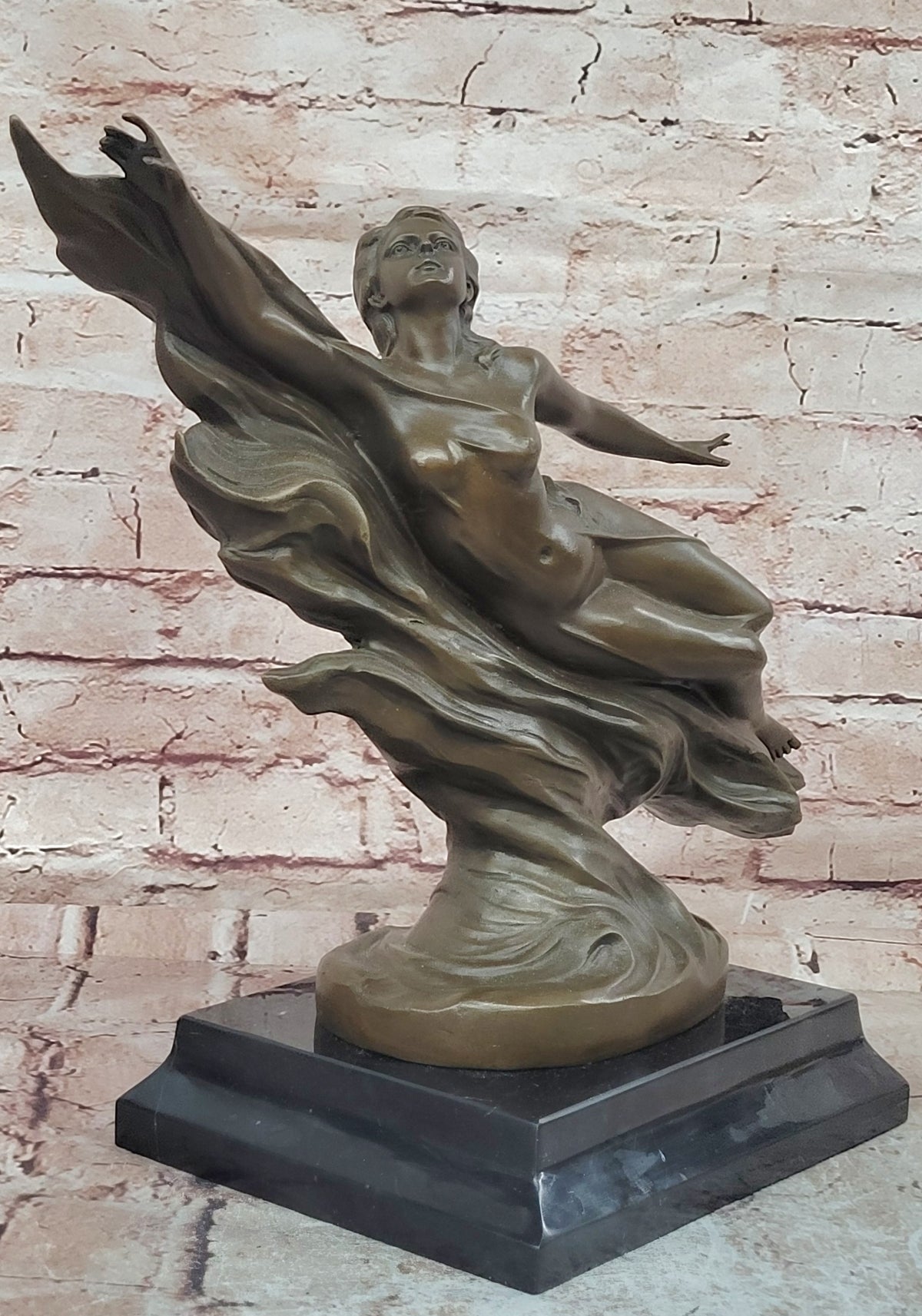 Handcrafted Detailed Nude Gorgeous Nymph Bronze Sculpture Marble Base Figurine