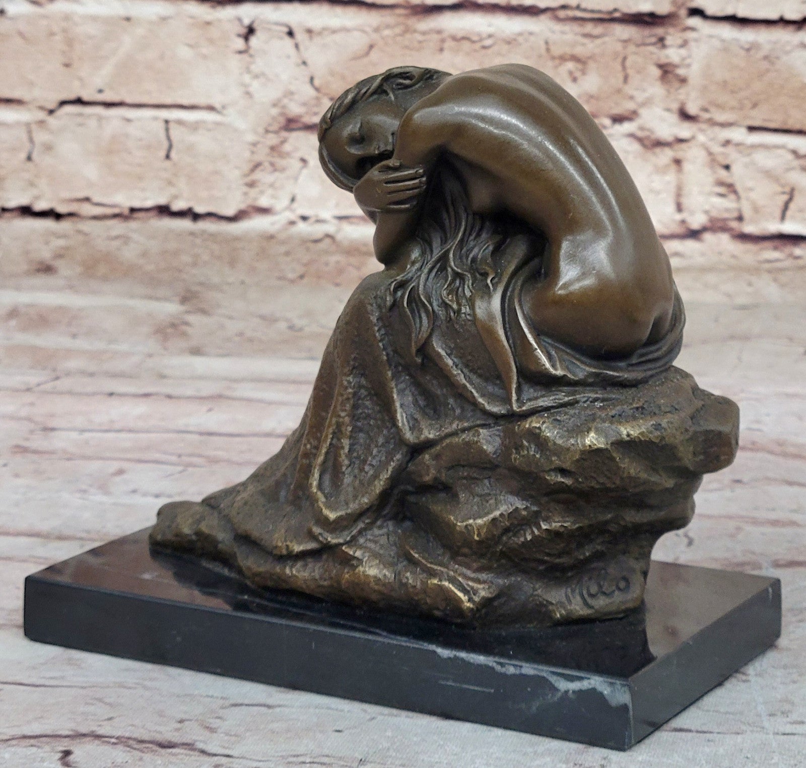 Milo`s Handmade Bronze Statue: Sensuous Lady on Rock, Artistic Nude Figurine