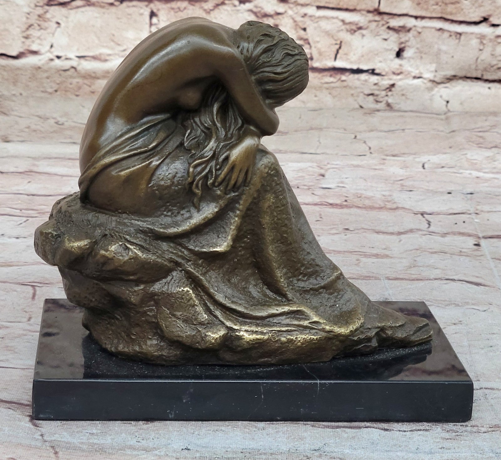 Milo`s Handmade Bronze Statue: Sensuous Lady on Rock, Artistic Nude Figurine