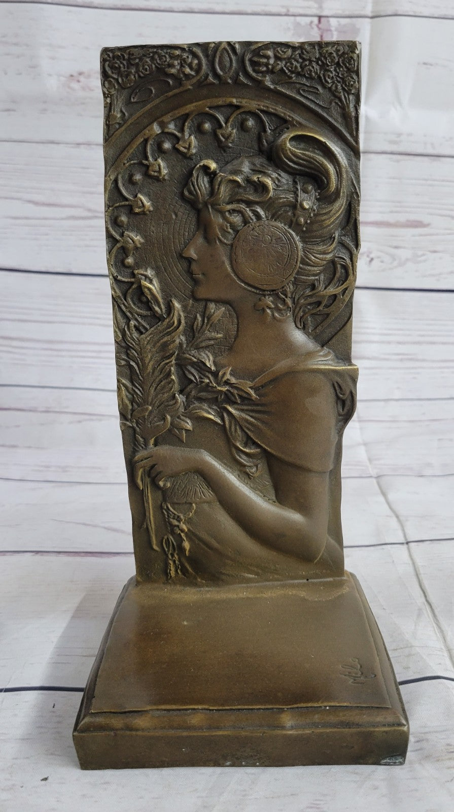 Signed Original Large Bas Relief Plaque Woman Face Bronze Sculpture Statue Decor