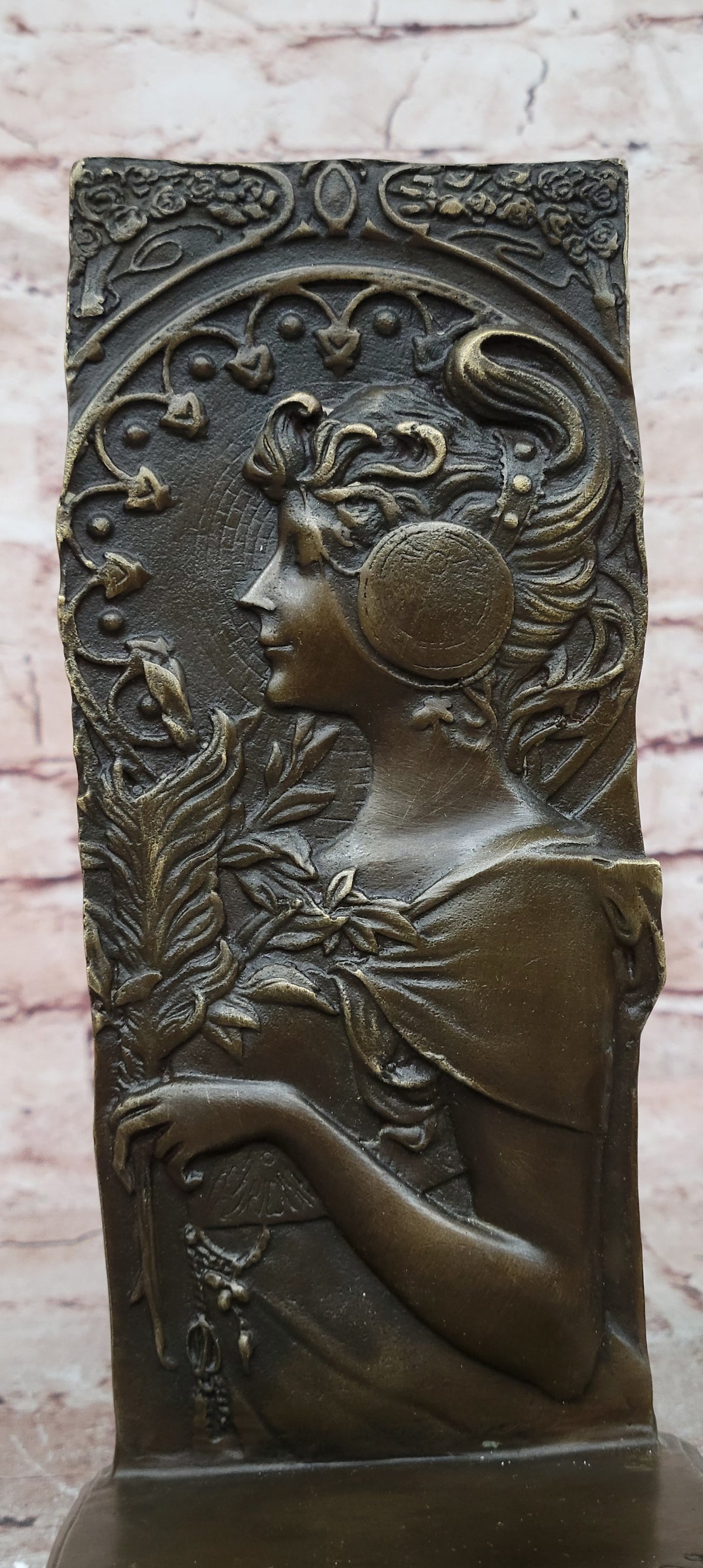 Signed Original Large Bas Relief Plaque Woman Face Bronze Sculpture Statue Decor