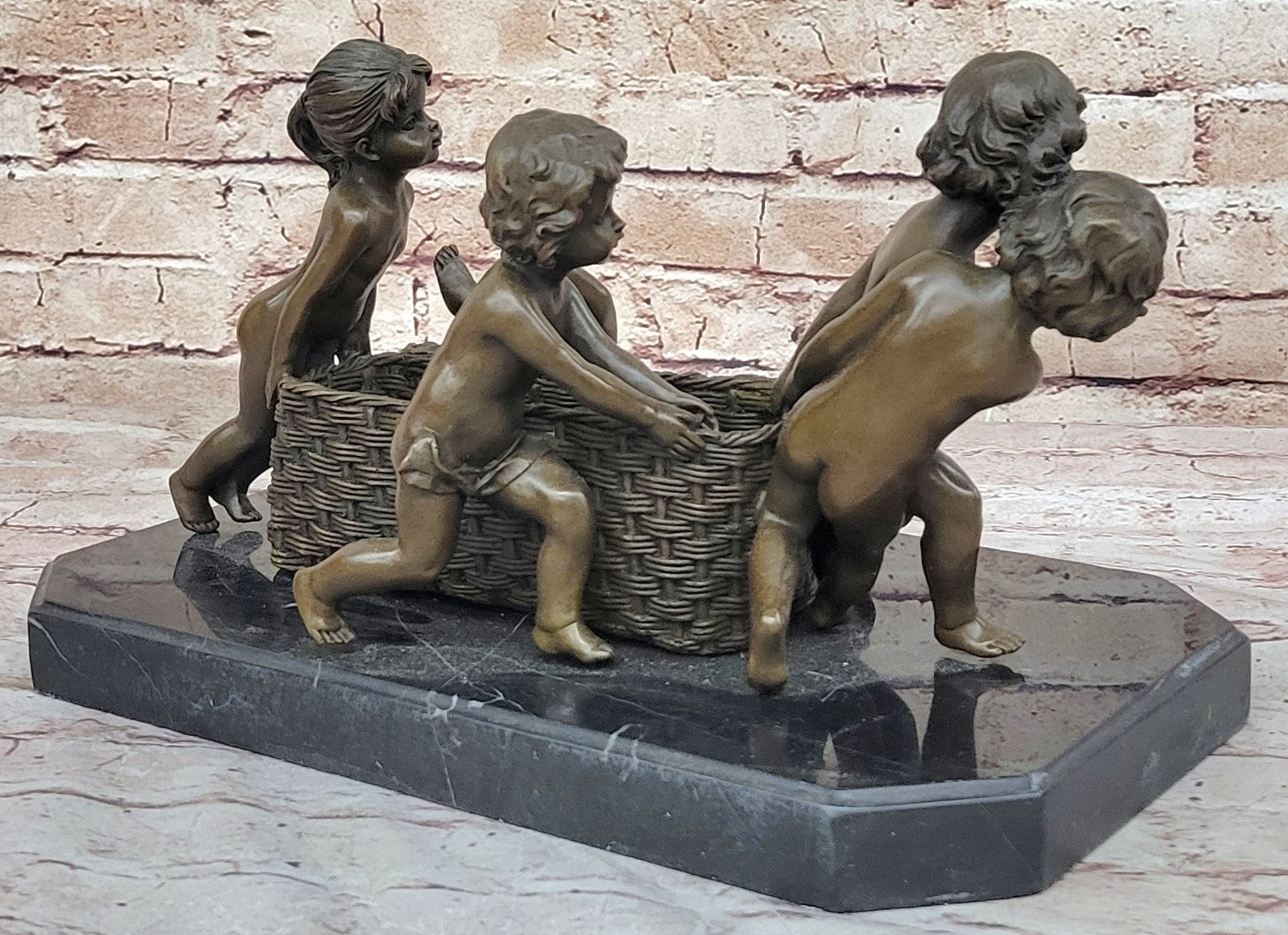 Signed R. Larche Bronze Sculpture: Children Pulling Basket, Fine Art Artwork