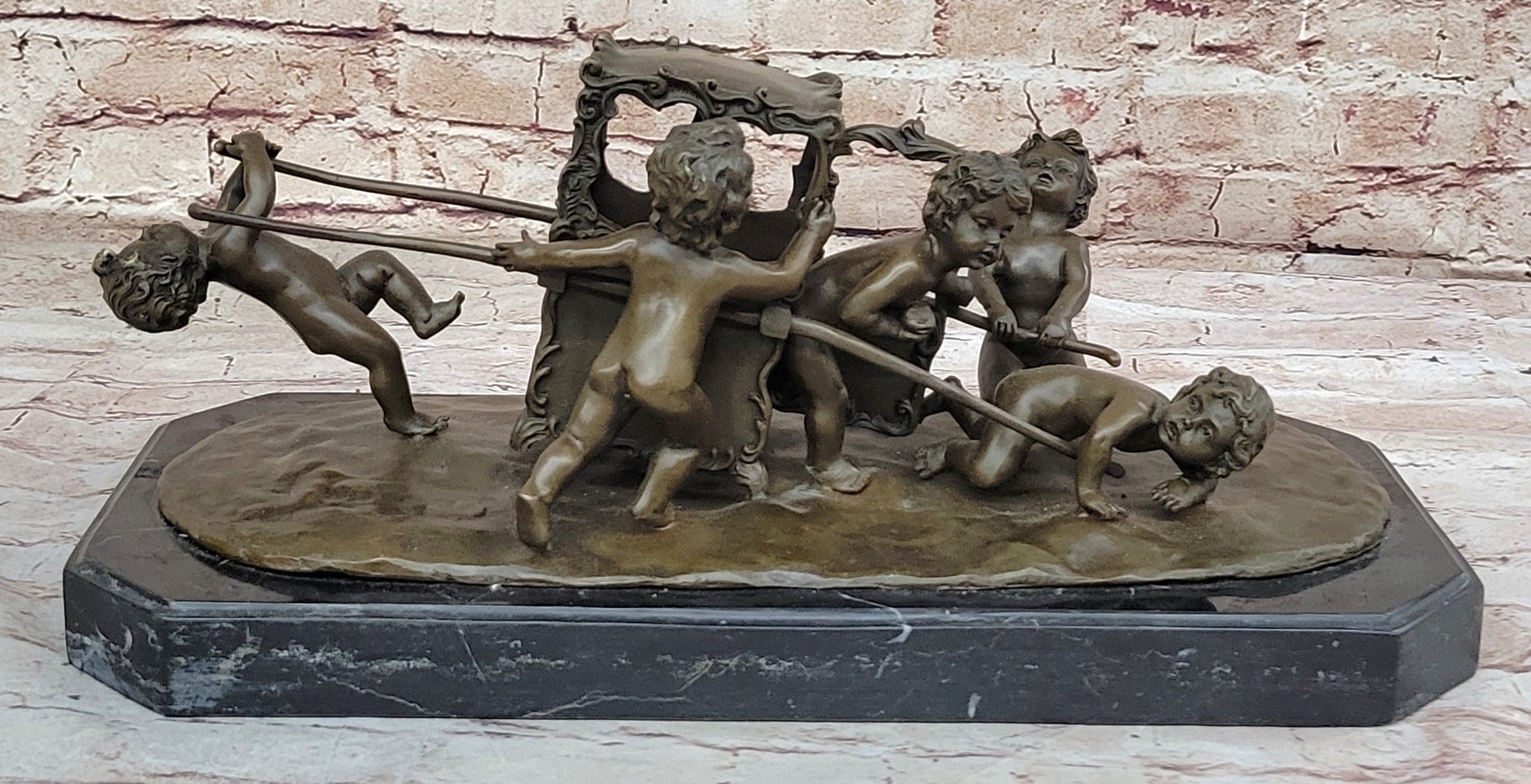 Art Nouveau Nude Naked boys Pulling Chariot Bronze Sculpture Marble Figurine Art
