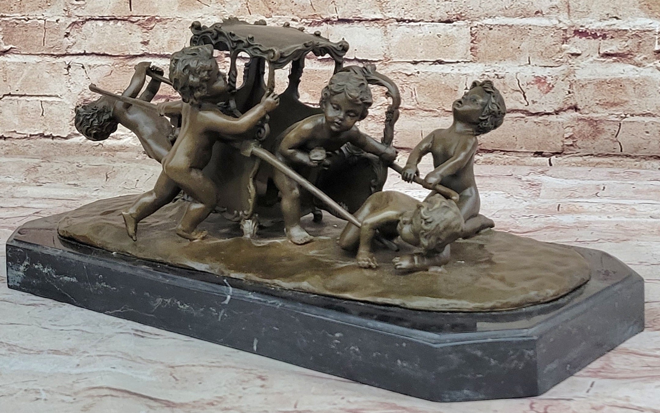 Art Nouveau Nude Naked boys Pulling Chariot Bronze Sculpture Marble Figurine Art