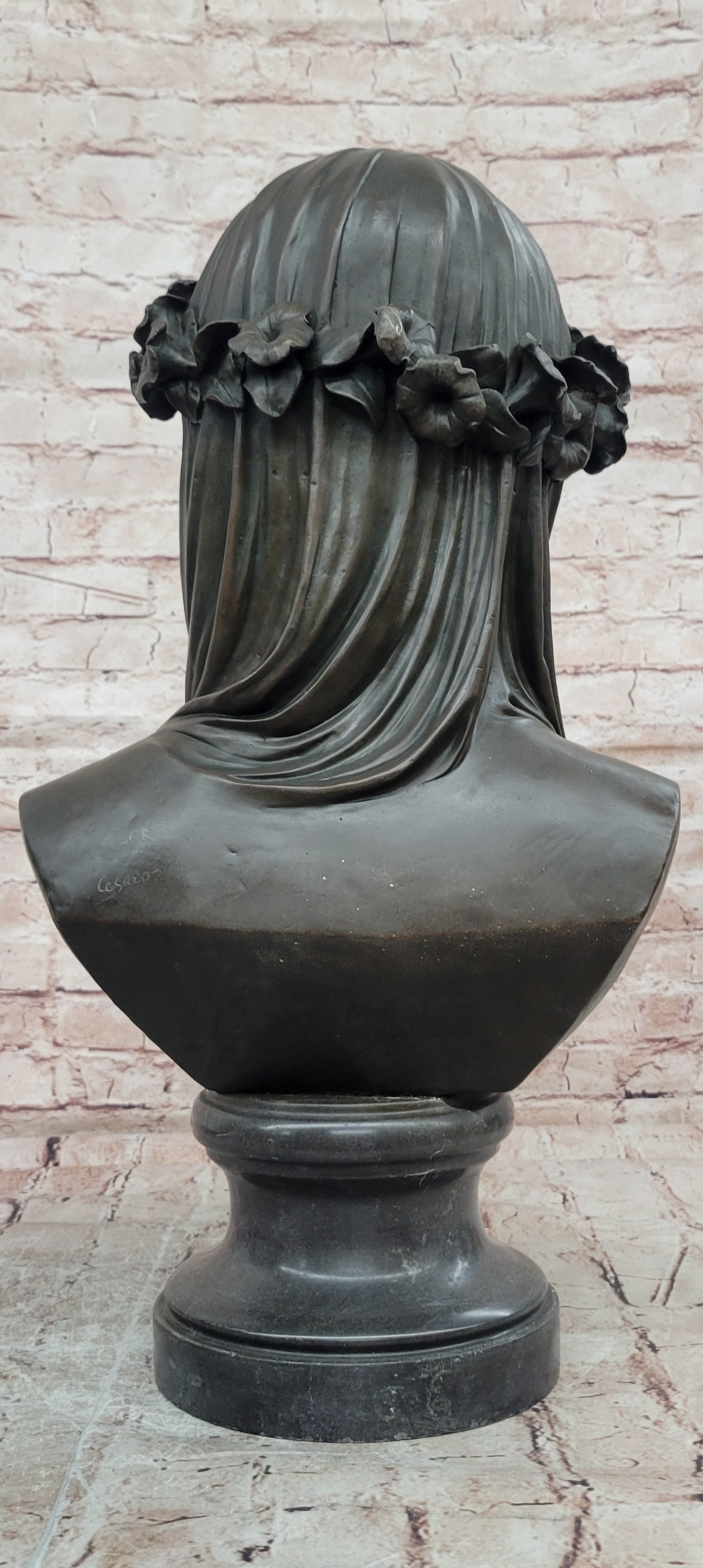 Mary with Veil Bronze Statue Milo Art Nouveau Sculpture Marble Base
