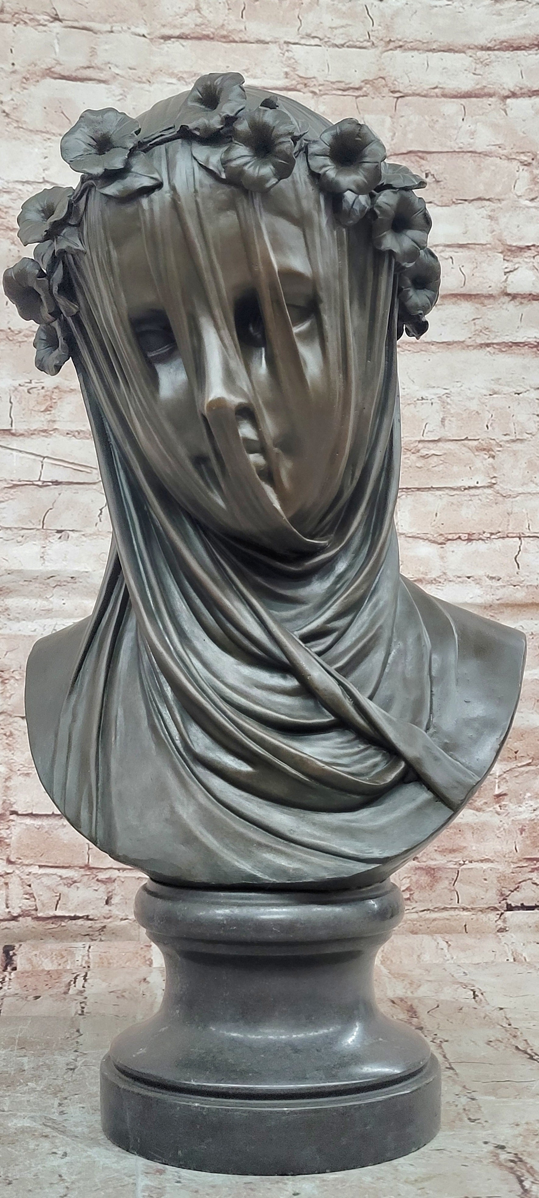 Mary with Veil Bronze Statue Milo Art Nouveau Sculpture Marble Base