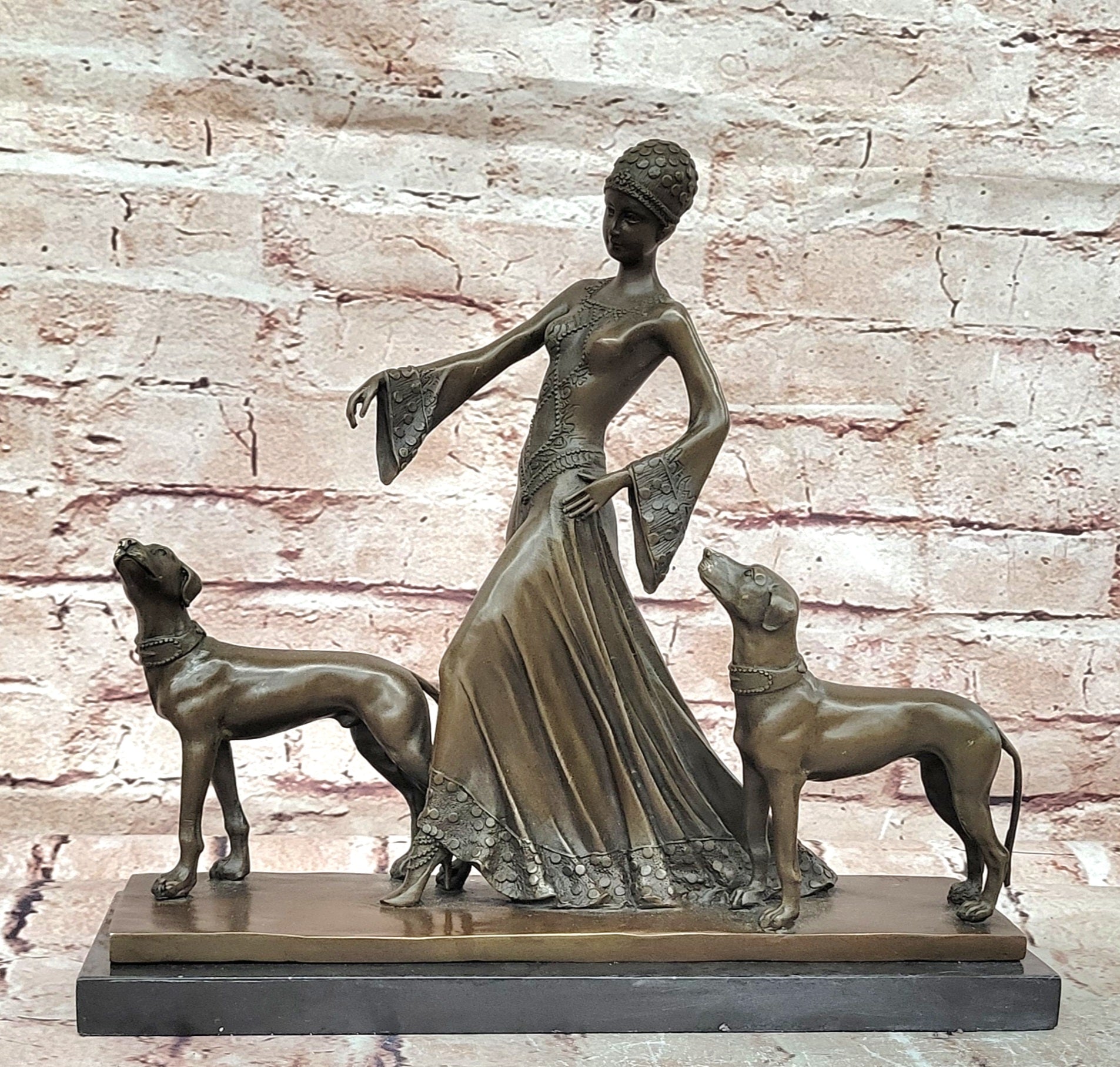 Hand Made Milo Bronze Woman with Greyhounds Sculpture Hot Cast Figurine