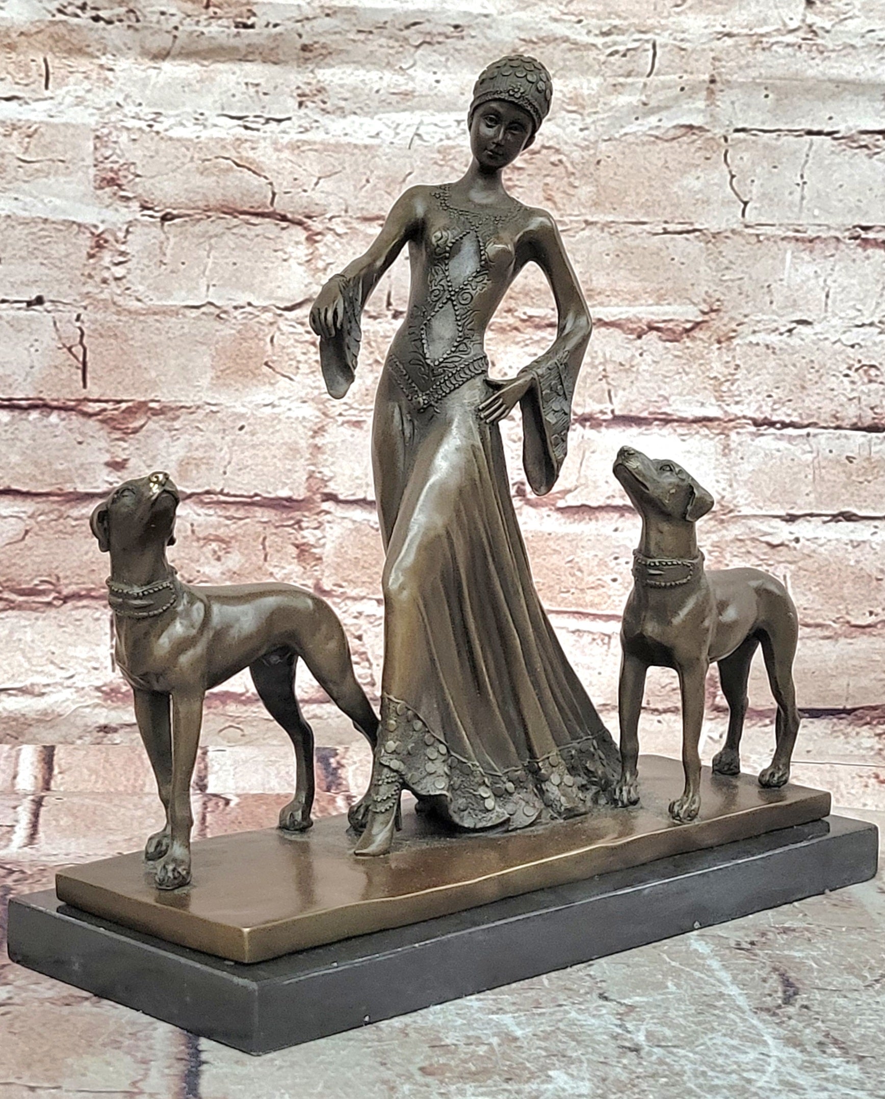 Hand Made Milo Bronze Woman with Greyhounds Sculpture Hot Cast Figurine