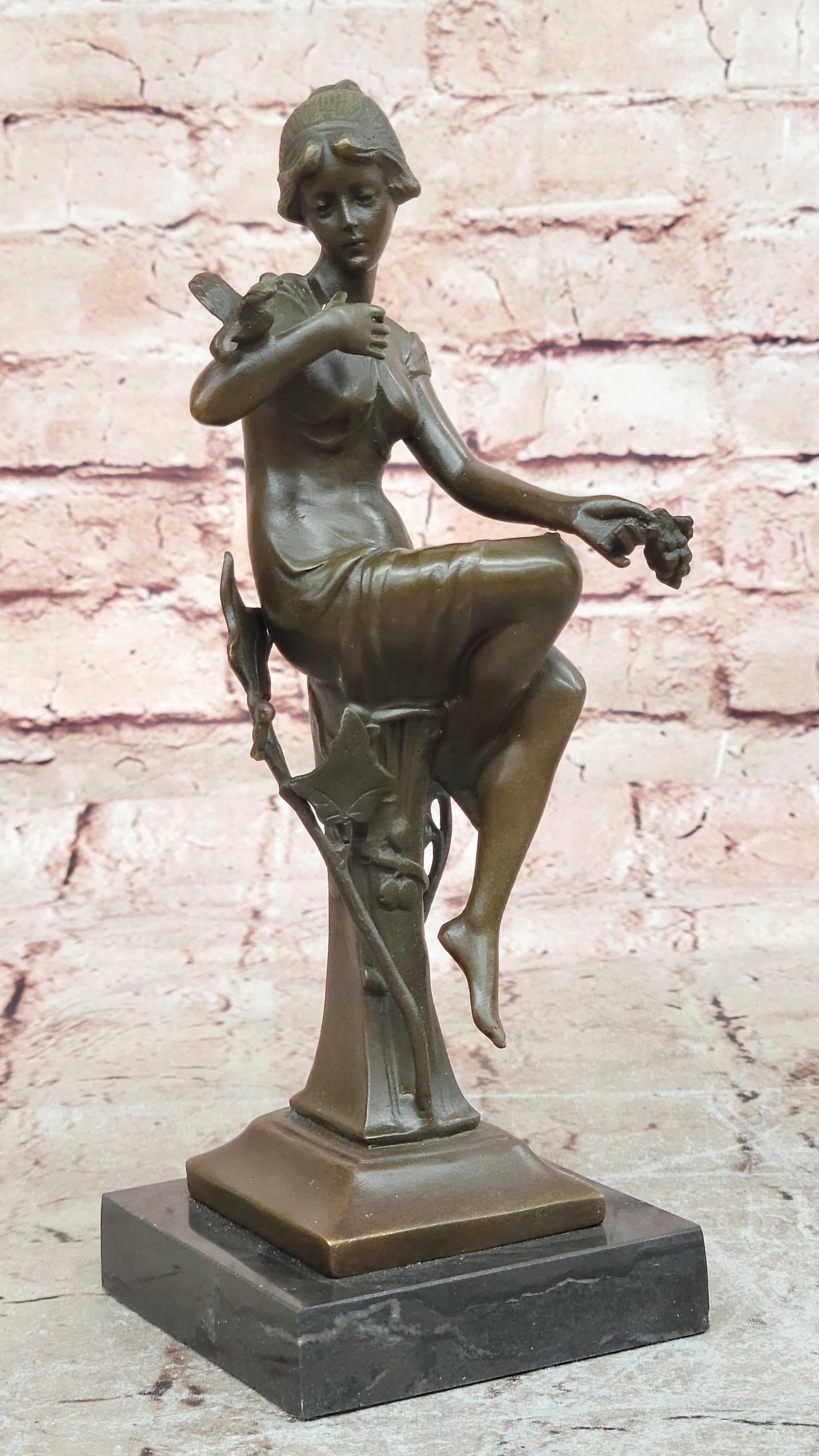 Girl with Bird on The Hand Mid Century Gift Bronze Sculpture Signed by Artist