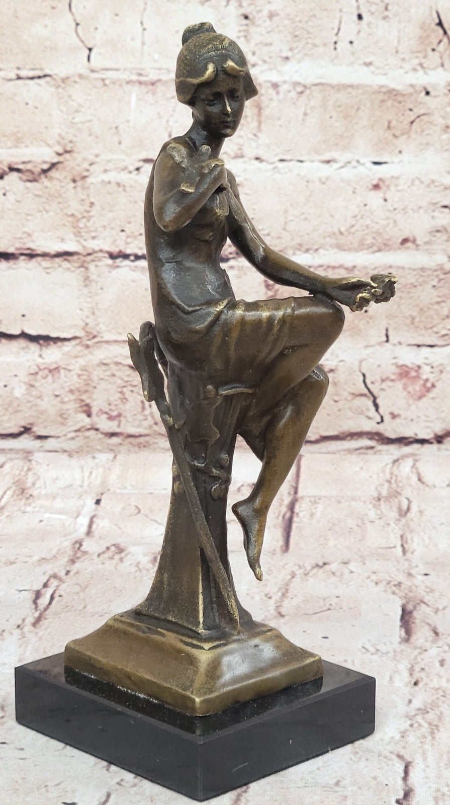 Girl with Bird on The Hand Mid Century Gift Bronze Sculpture Signed by Artist