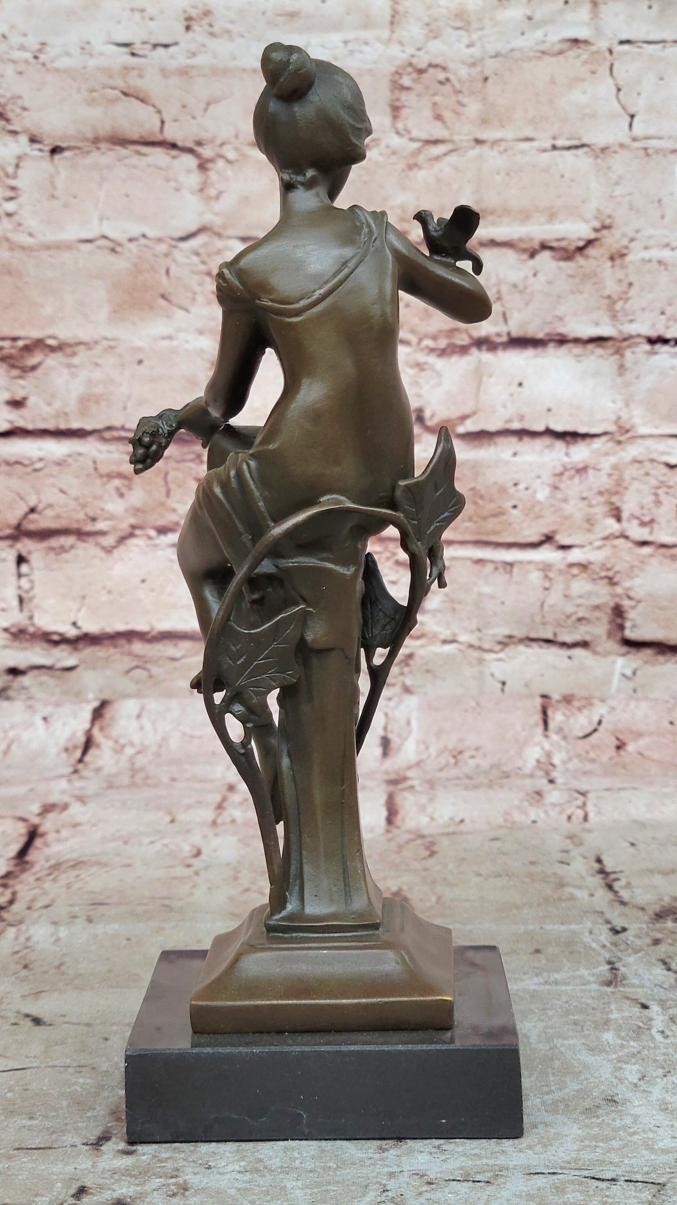 Girl with Bird on The Hand Mid Century Gift Bronze Sculpture Signed by Artist