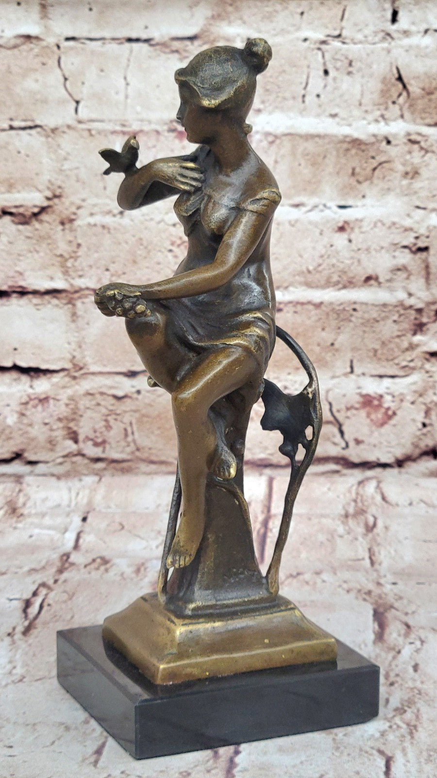 Girl with Bird on The Hand Mid Century Gift Bronze Sculpture Signed by Artist