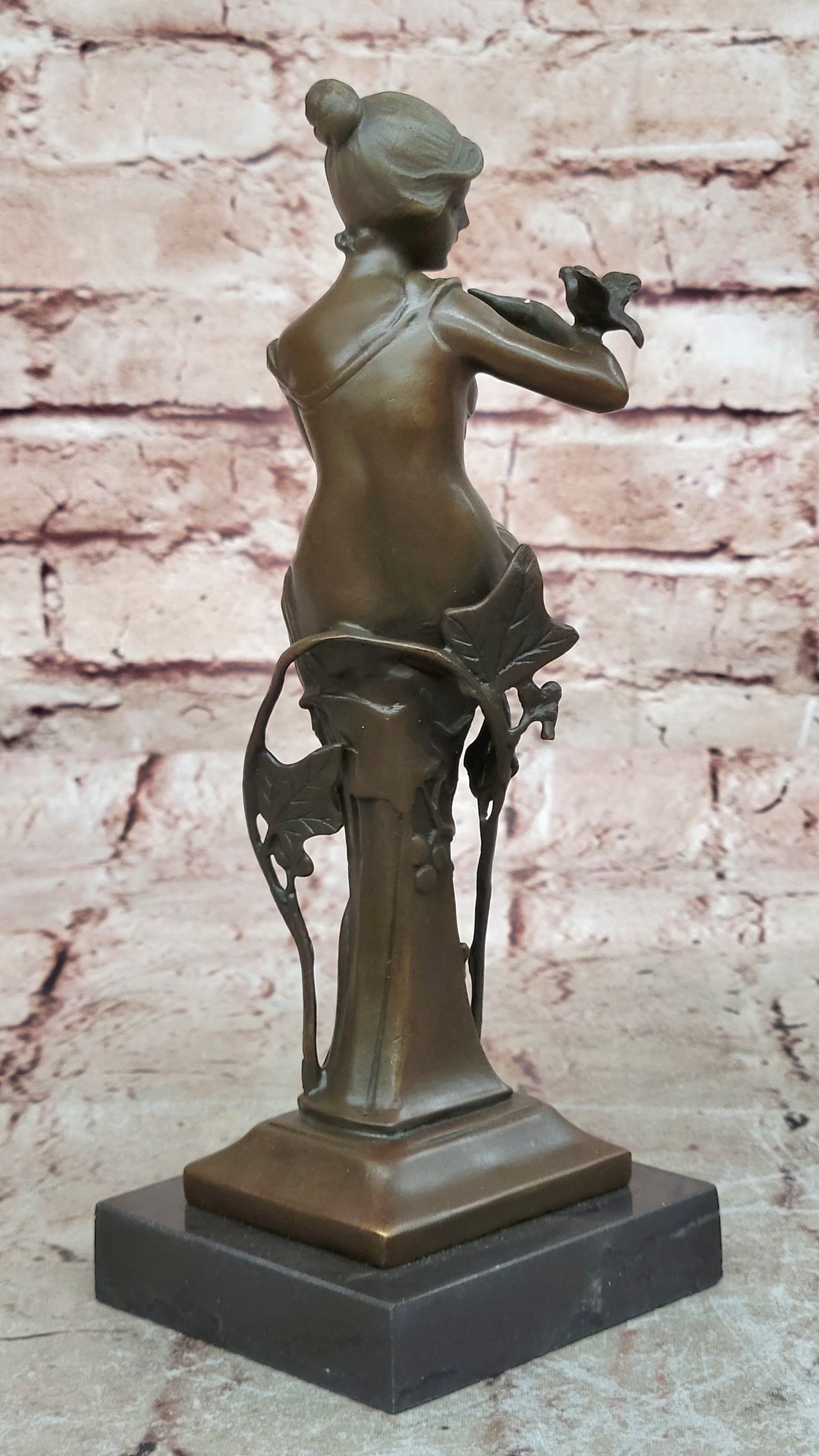 Girl with Bird on The Hand Mid Century Gift Bronze Sculpture Signed by Artist