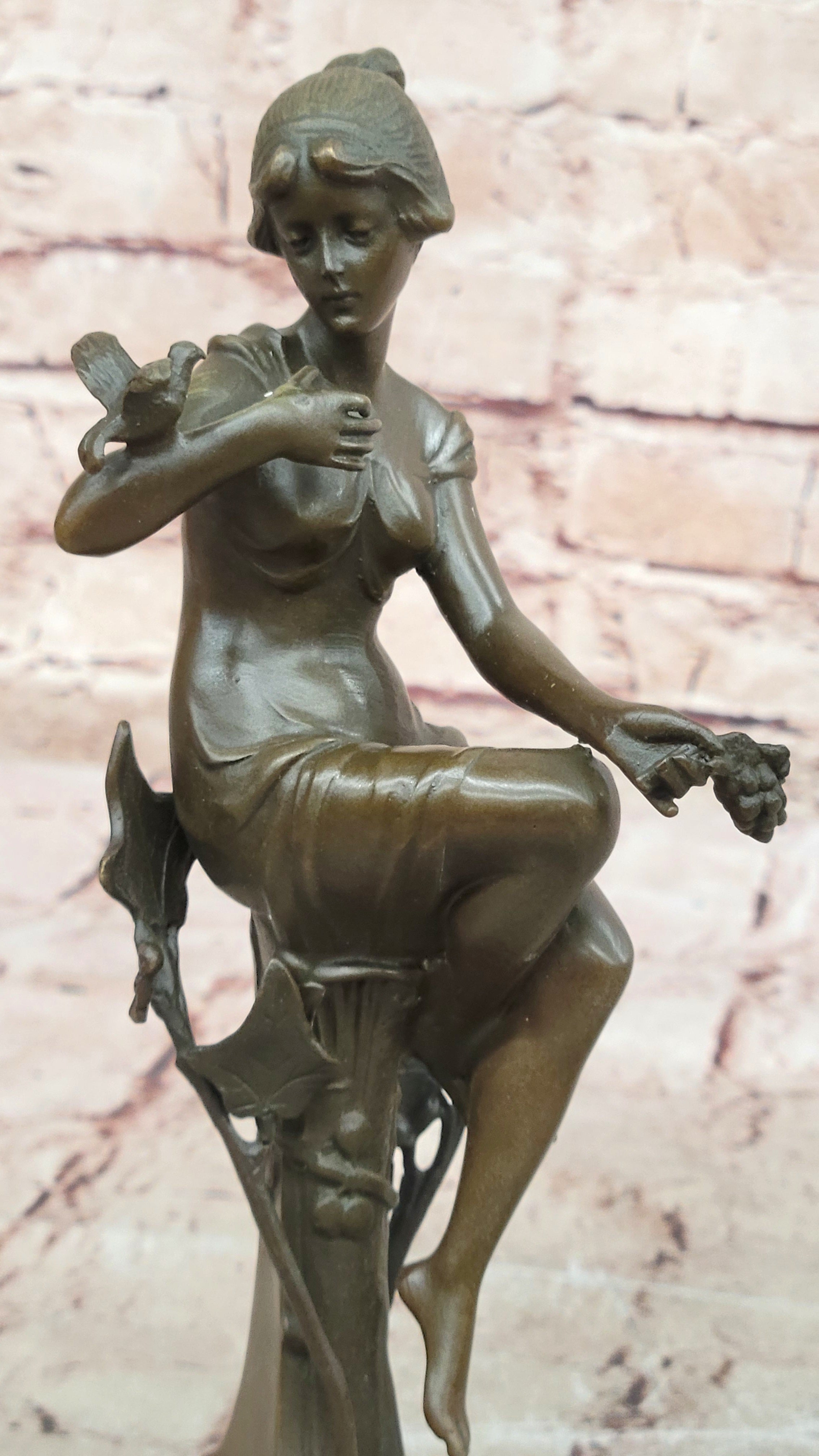 Girl with Bird on The Hand Mid Century Gift Bronze Sculpture Signed by Artist