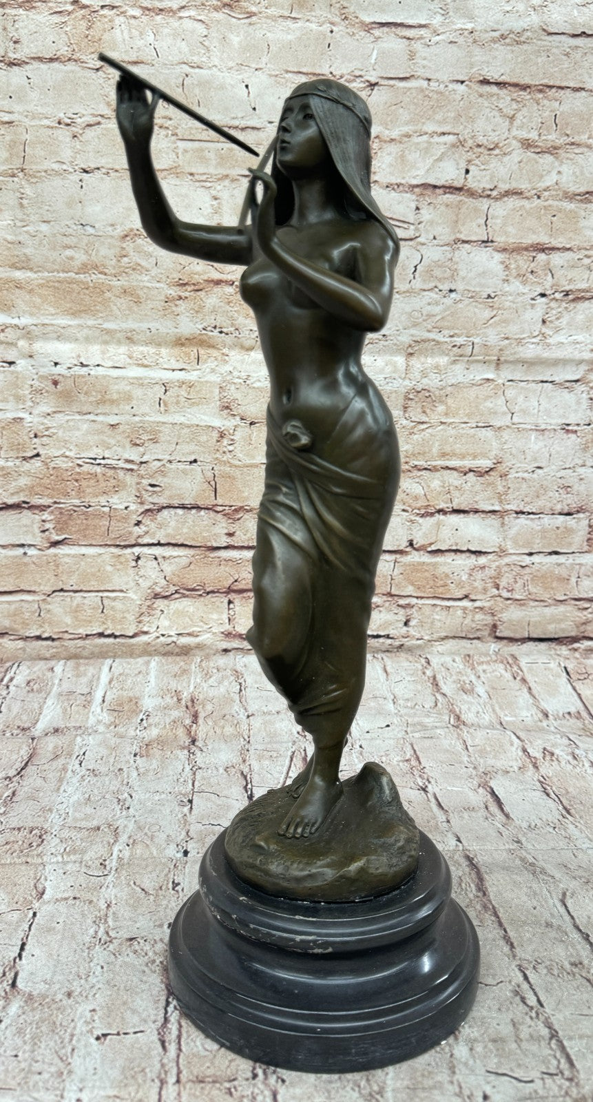 Striking Hot Cast Bronze Figurine of an Indian Girl Playing Flute by J. Angles