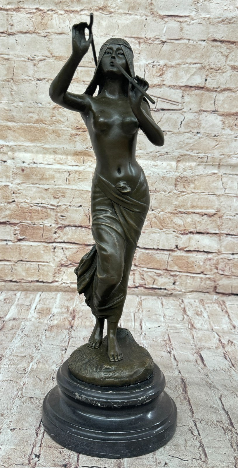 Striking Hot Cast Bronze Figurine of an Indian Girl Playing Flute by J. Angles