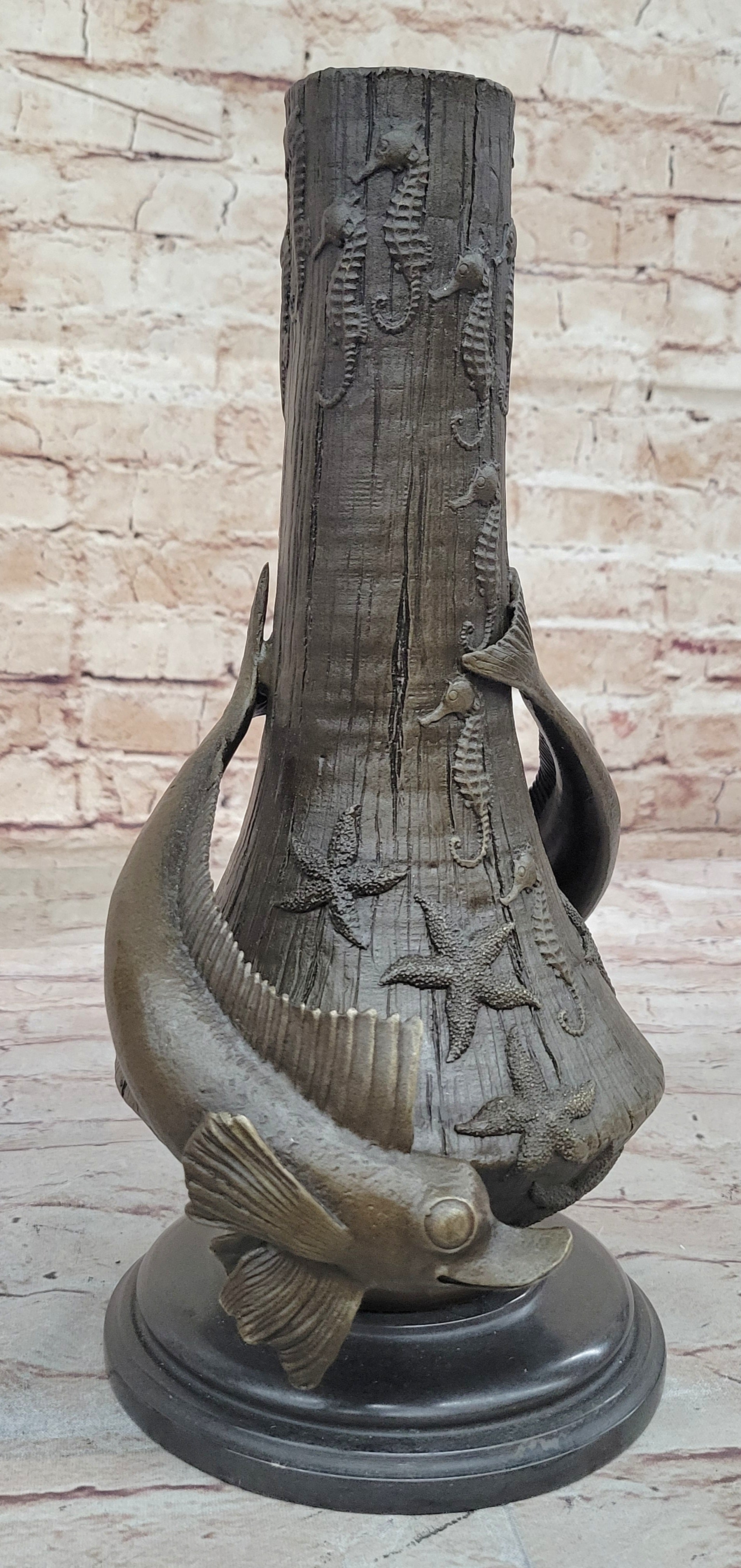 Art Deco Signed Original Nautical Ocean Shark Vase Bronze Sculpture Statue Gift